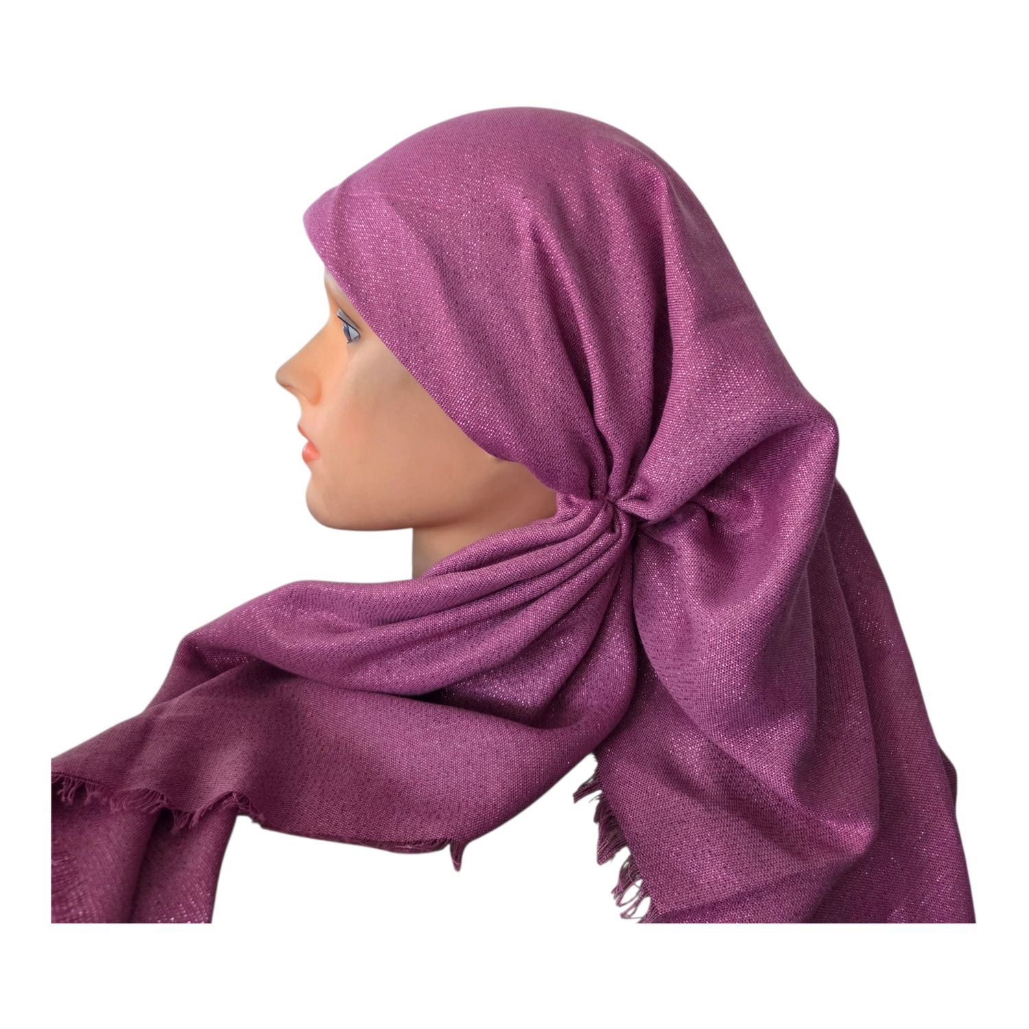 Raspberry - Glittery - long kerchief back - soft fringes pretied tichel (BBS) w/band sewn in
