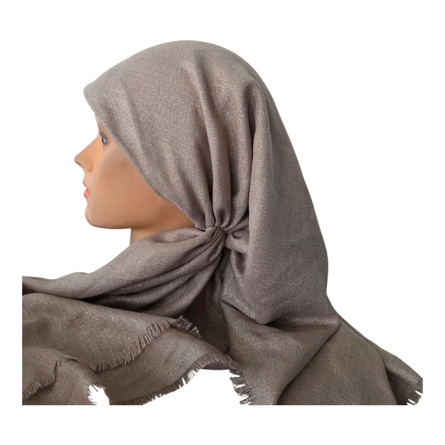 Beige/tan - Glittery - long kerchief back - soft fringes pretied tichel (BBS) w/band sewn in
