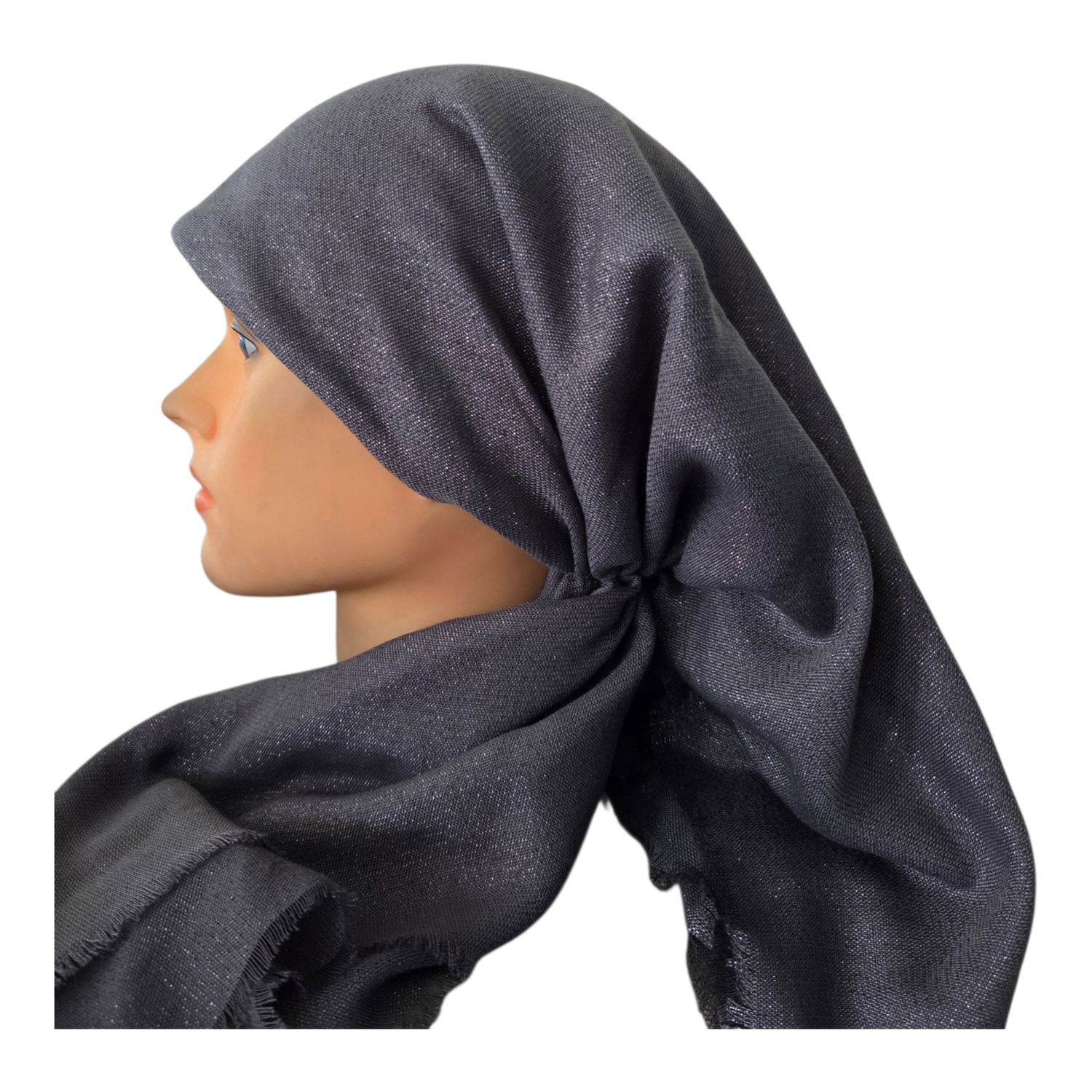 Dark gray - Glittery - long kerchief back - soft fringes pretied tichel (BBS) w/band sewn in