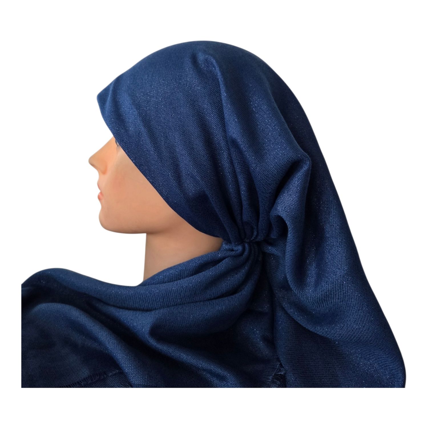 Slate blue - Glittery - long kerchief back - soft fringes pretied tichel (BBS) w/band sewn in