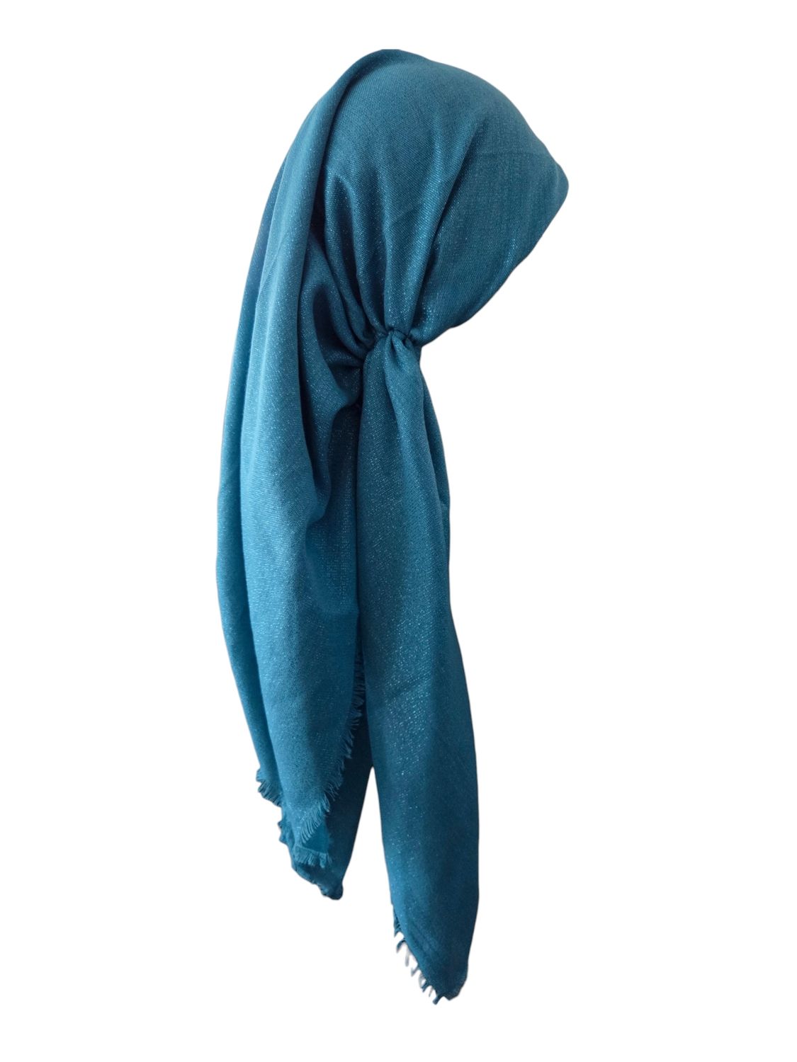 Turquoise - Glittery - long kerchief back - soft fringes pretied tichel (BBS) w/band sewn in