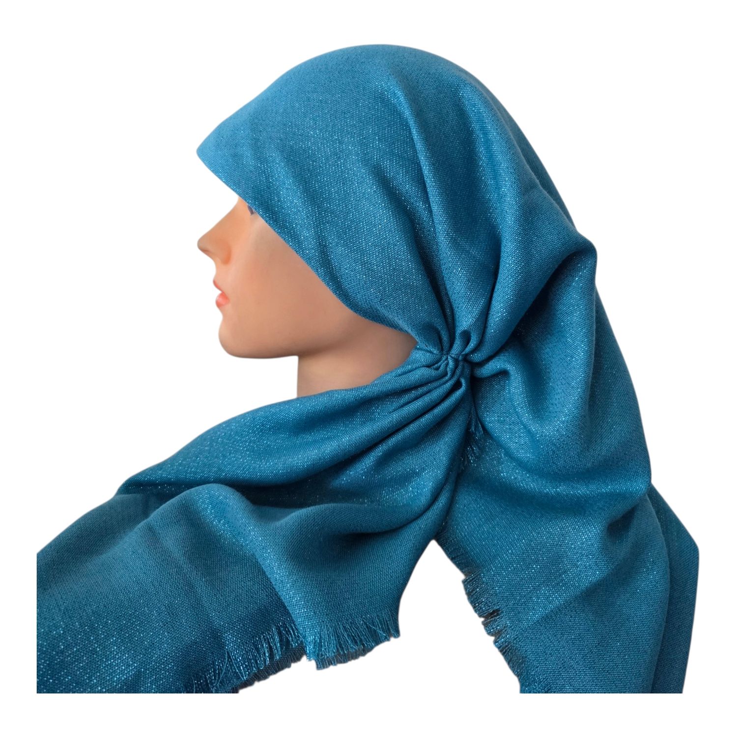Turquoise - Glittery - long kerchief back - soft fringes pretied tichel (BBS) w/band sewn in