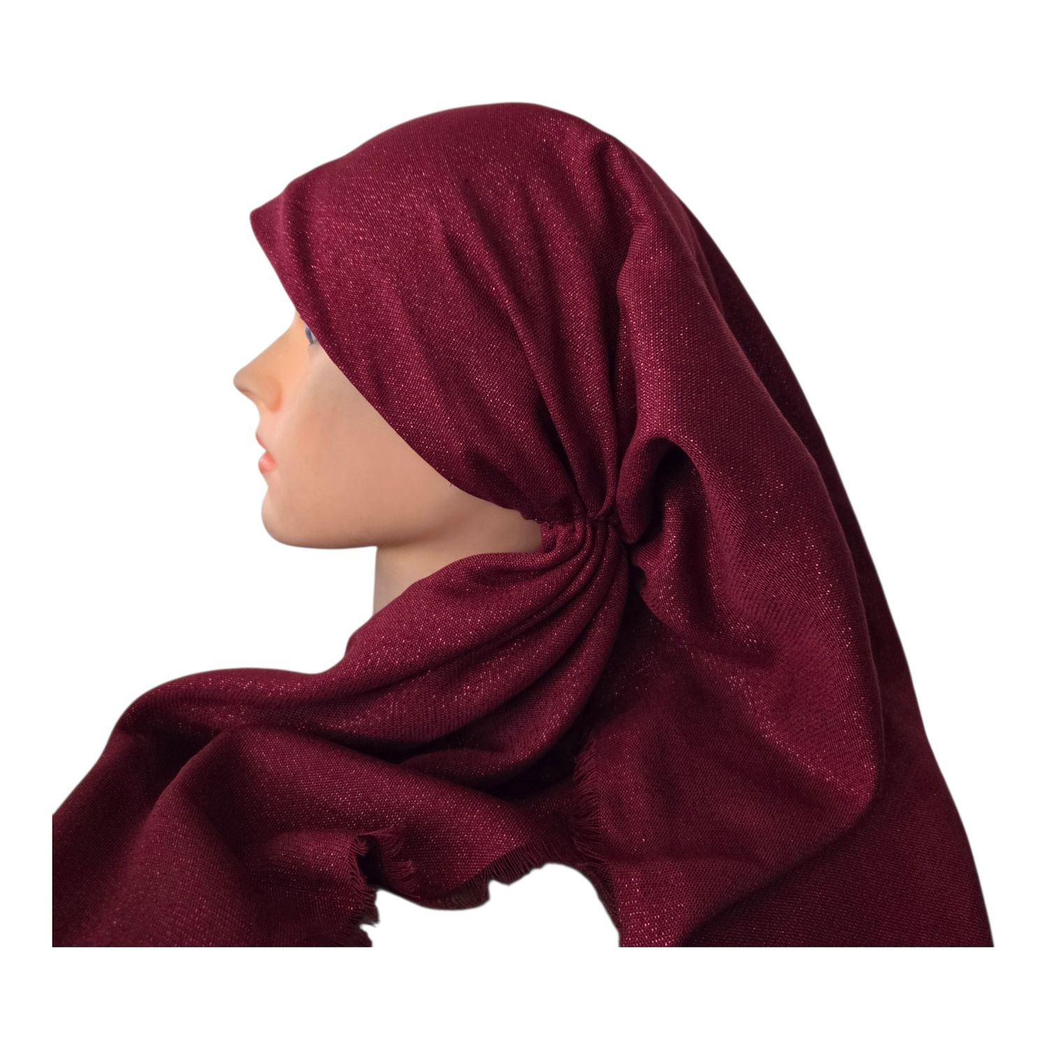 Maroon - Glittery - long kerchief back - soft fringes pretied tichel (BBS) w/band sewn in