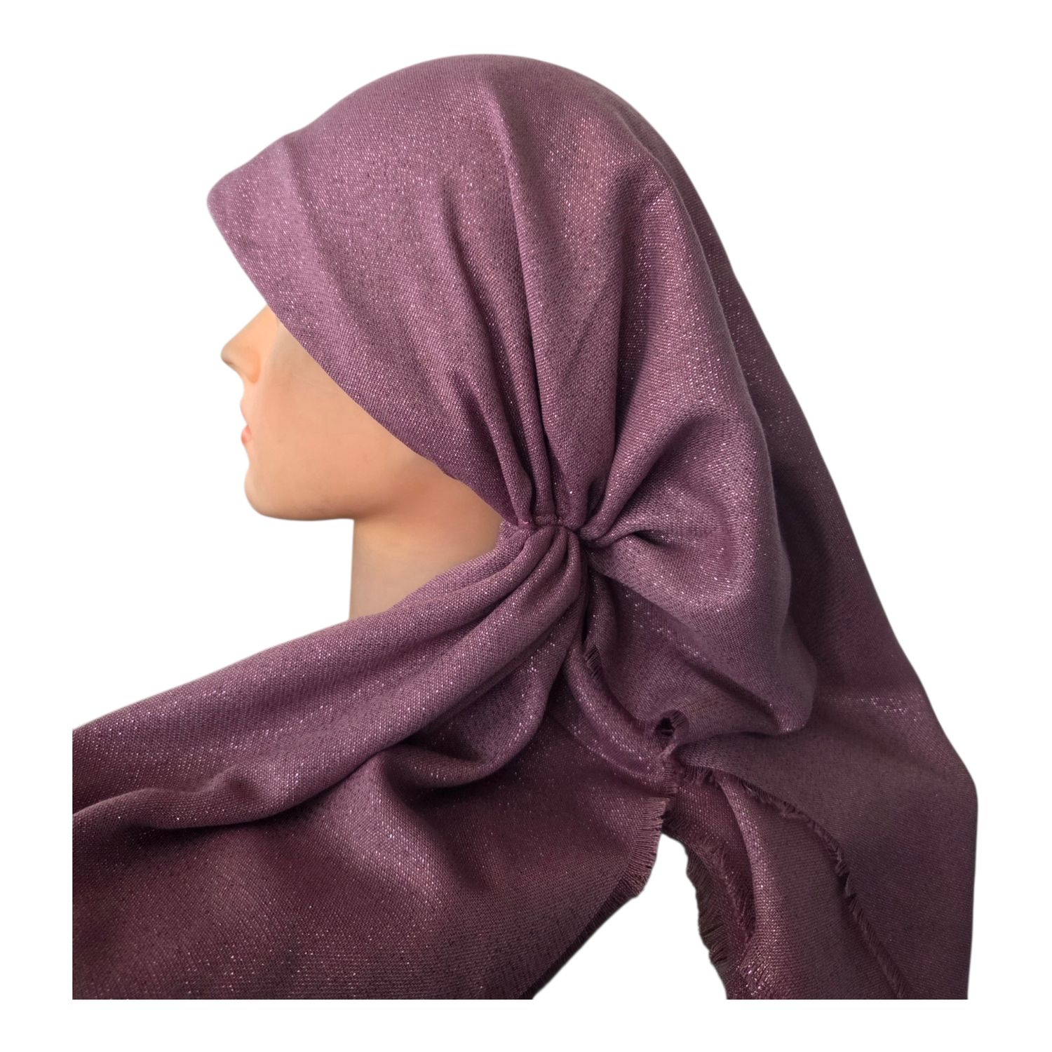 Mauve/berry - Glittery - long kerchief back - soft fringes pretied tichel (BBS) w/band sewn in