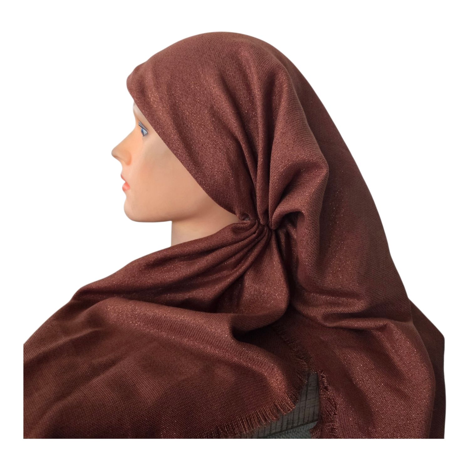 Coppery brown - Glittery - long kerchief back - soft fringes pretied tichel (BBS) w/band sewn in