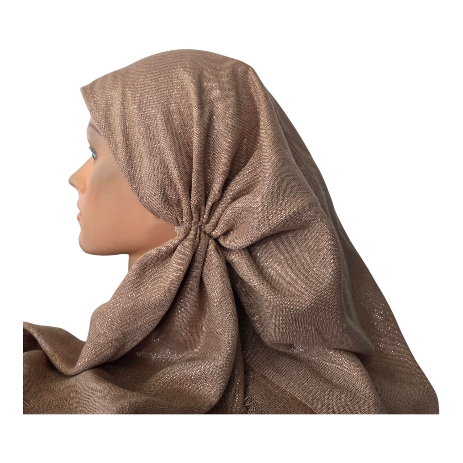 Light gold - Glittery - long kerchief back - soft fringes pretied tichel (BBS) w/band sewn in
