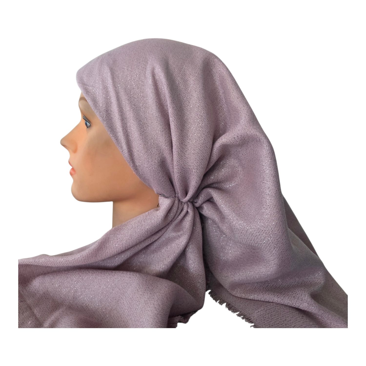 Blush/dusty light pink- Glittery - long kerchief back - soft fringes pretied tichel (BBS) w/band sewn in