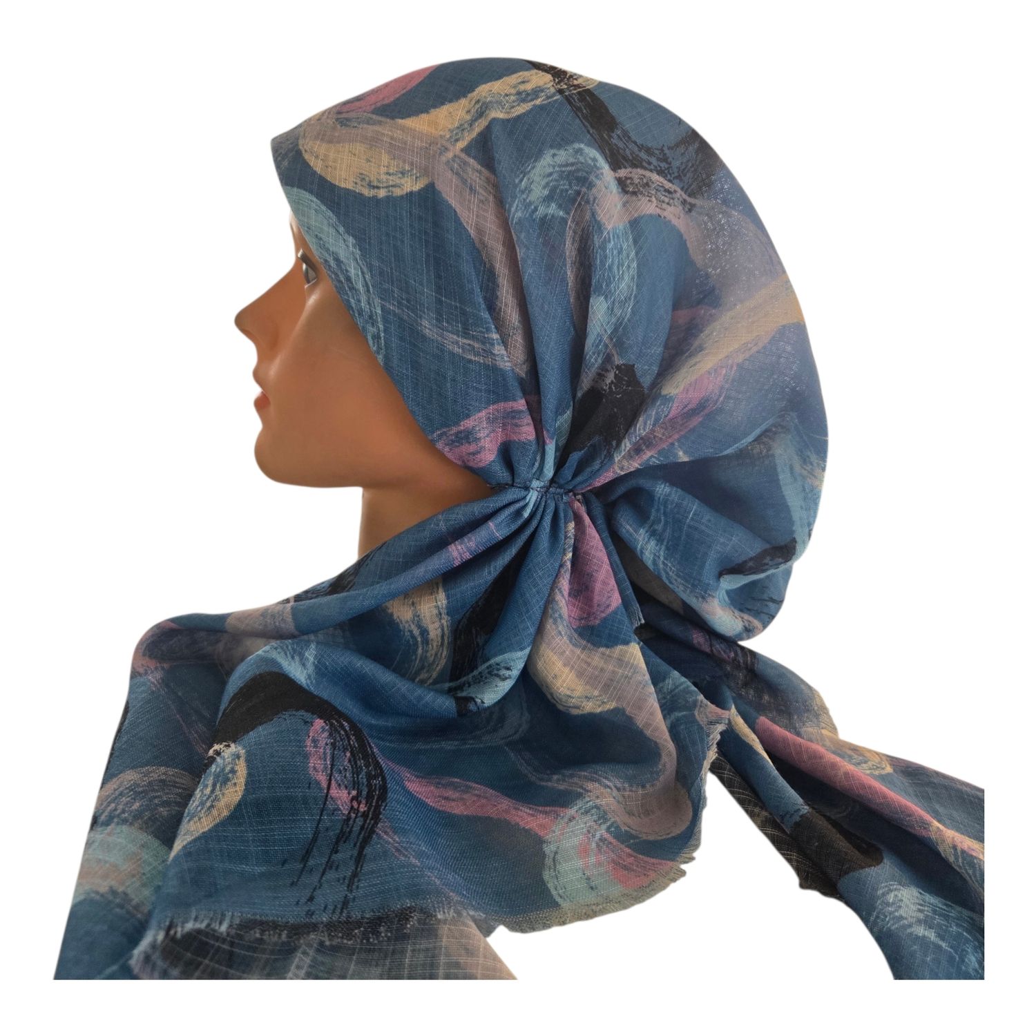 Denim - Summer swirls - soft fringes pretied tichel