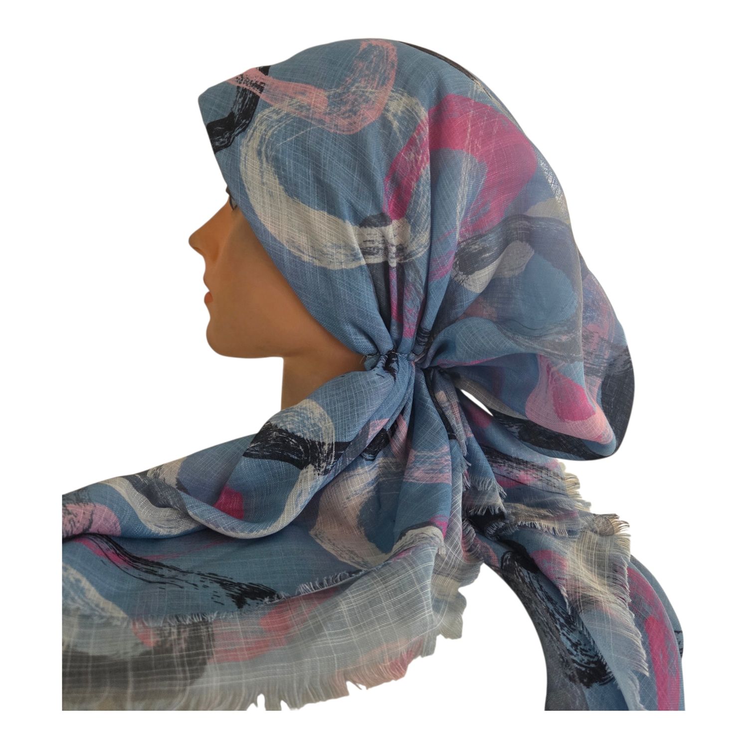 Light denim - Summer swirls - soft fringes pretied tichel