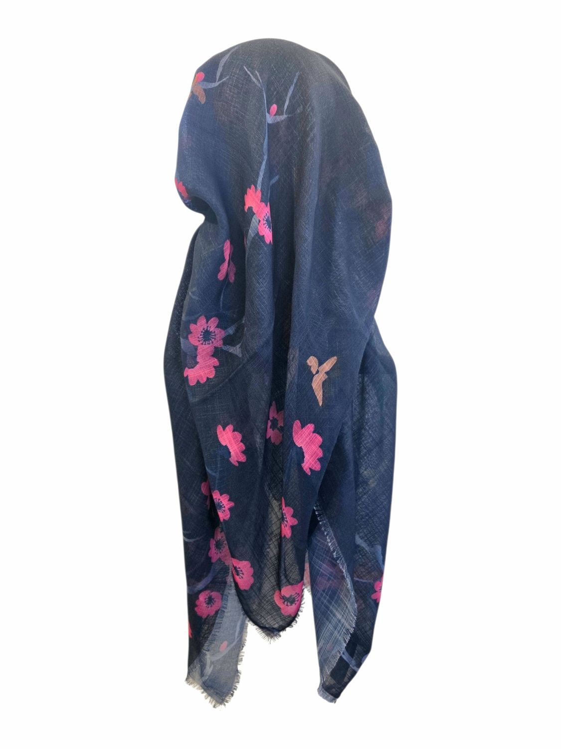 Dark navy - flowers &amp; birds  - long kerchief back - soft fringes pretied tichel (BBS) w/band sewn in