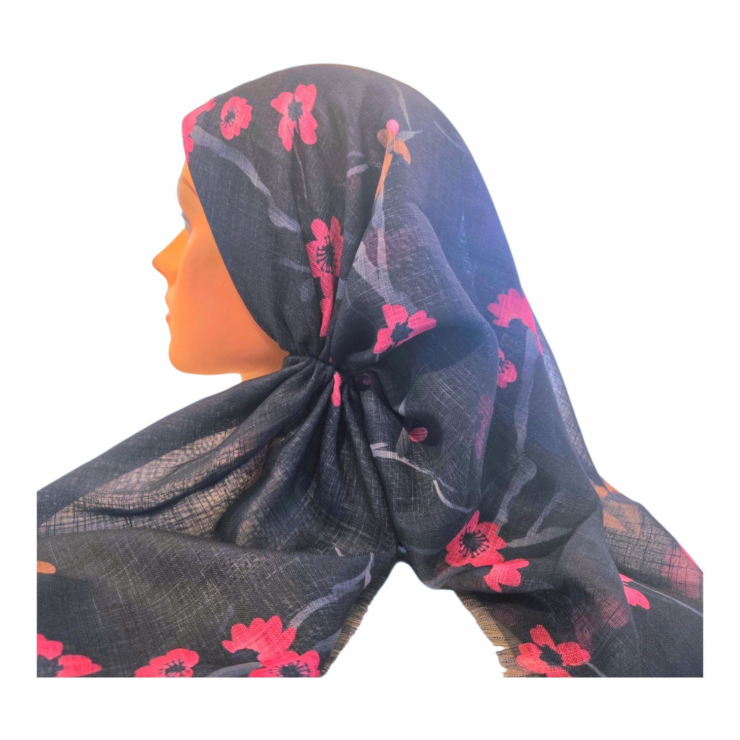 Dark navy - flowers &amp; birds  - long kerchief back - soft fringes pretied tichel (BBS) w/band sewn in