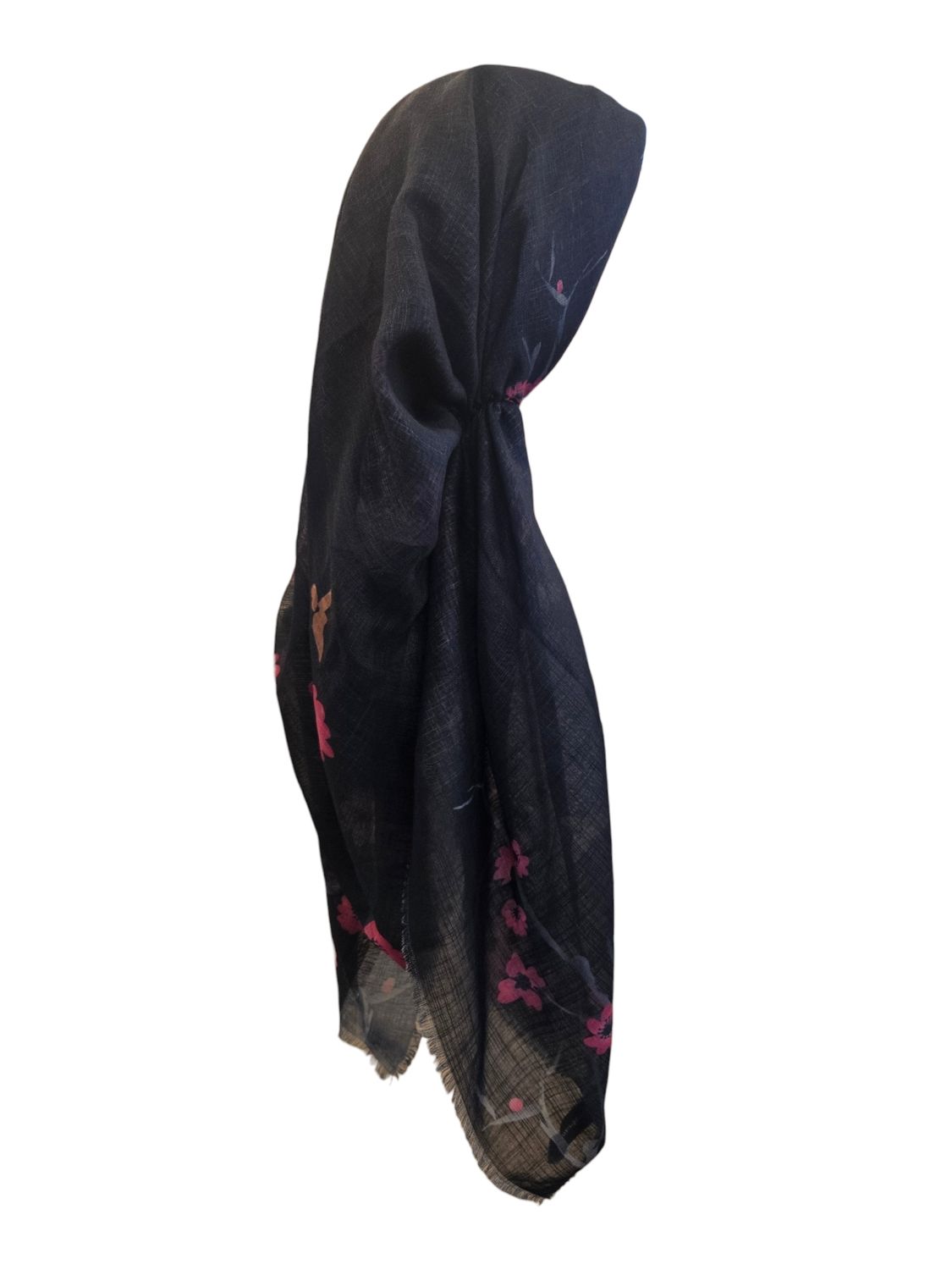 Dark navy - flowers &amp; birds  - long kerchief back - soft fringes pretied tichel (BBS) w/band sewn in