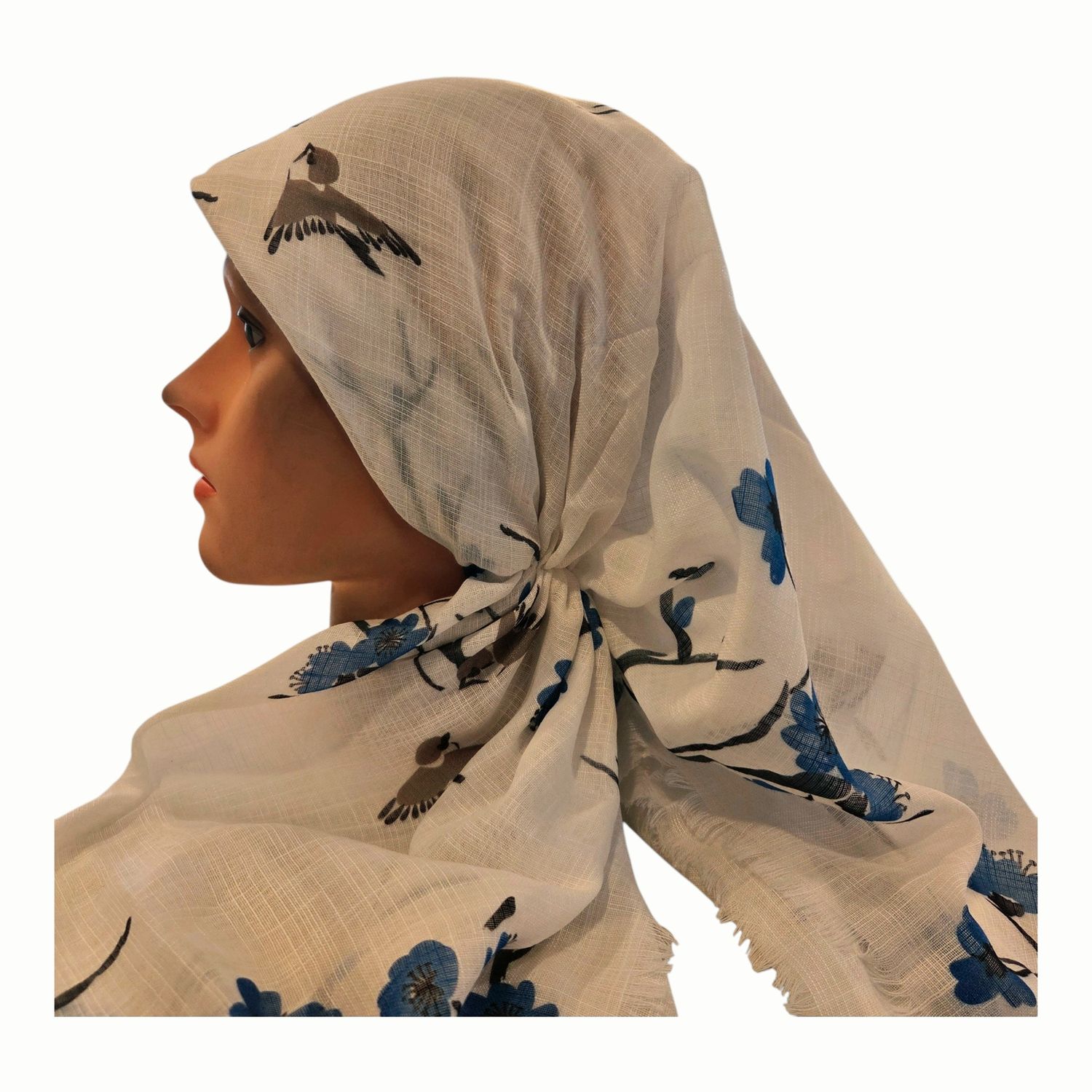 White - flowers &amp; birds  - long kerchief back - soft fringes pretied tichel (BBS) w/band sewn in