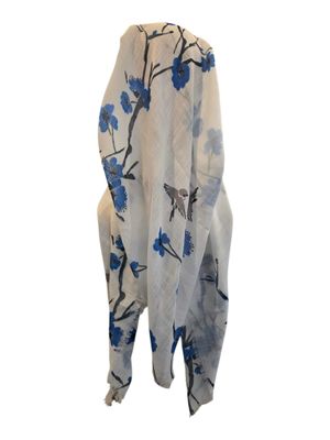 White - flowers &amp; birds  - long kerchief back - soft fringes pretied tichel (BBS) w/band sewn in