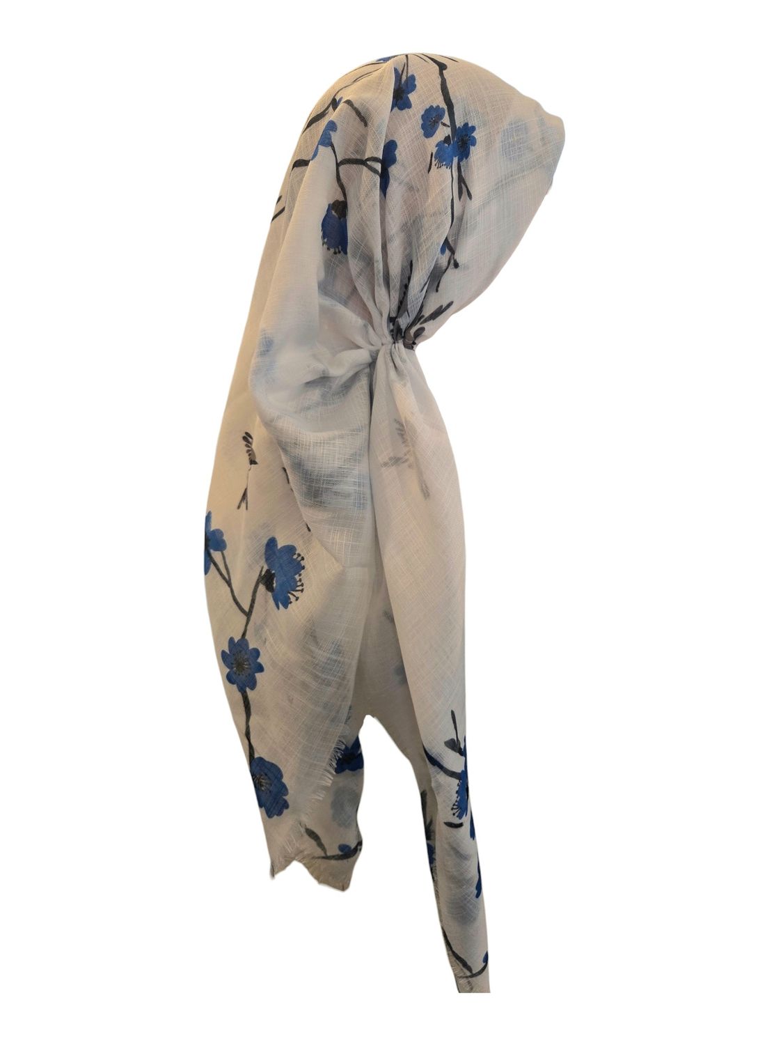 White - flowers &amp; birds  - long kerchief back - soft fringes pretied tichel (BBS) w/band sewn in