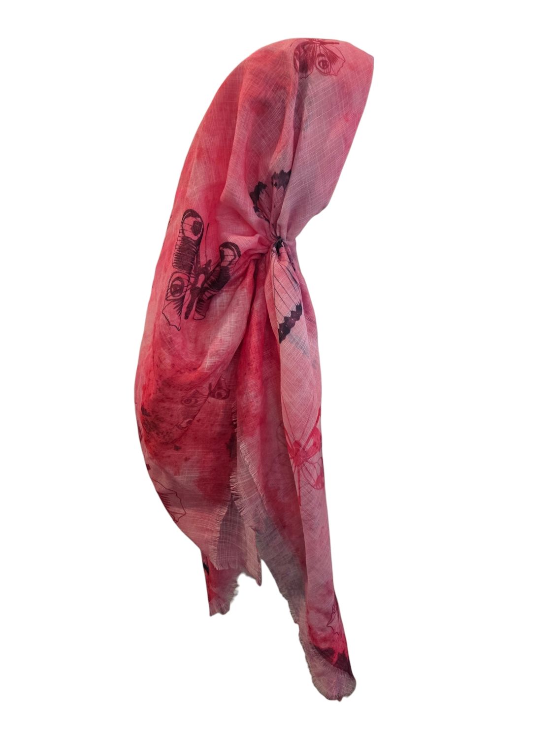 Pink Summer - shaded butterflies - long kerchief back - soft fringes pretied tichel (BBS) w/band sewn in