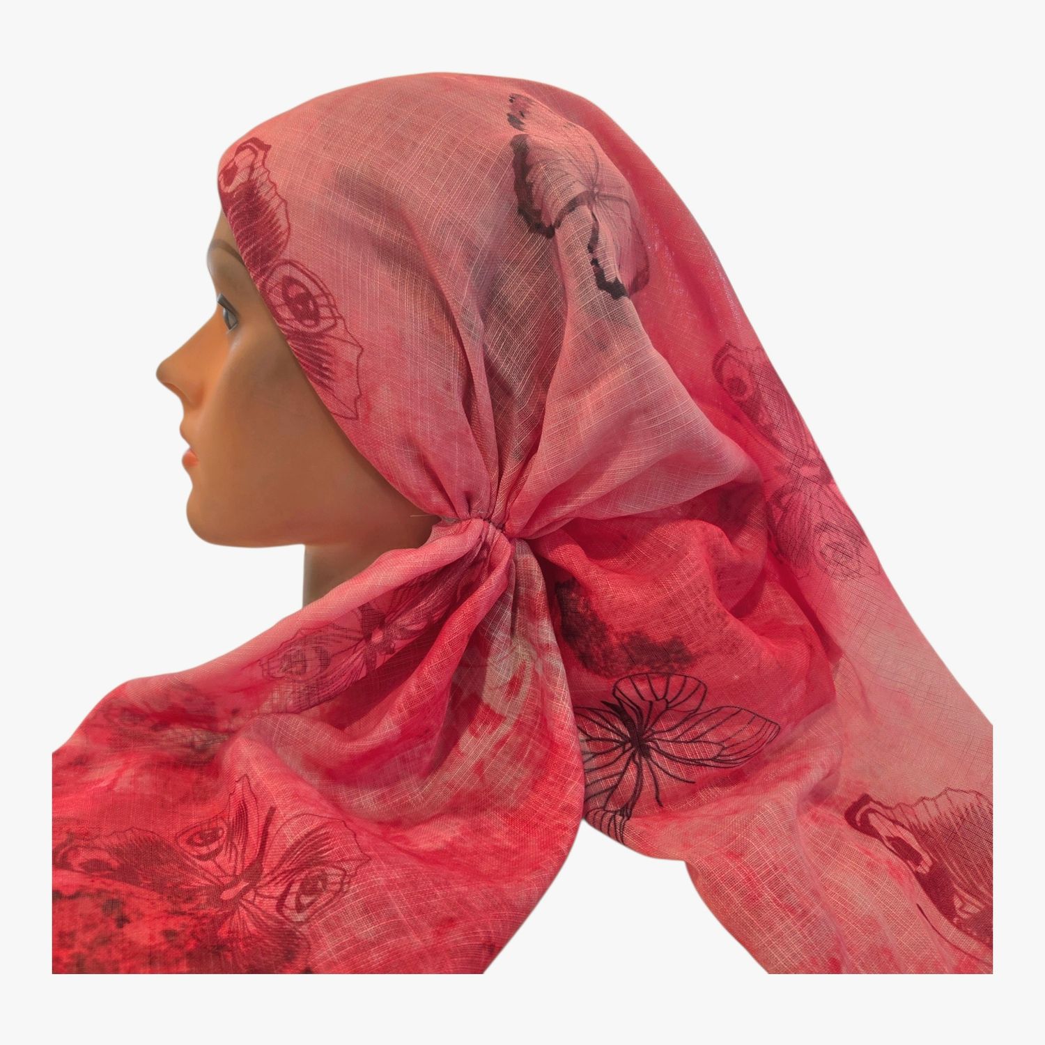 Pink Summer - shaded butterflies - long kerchief back - soft fringes pretied tichel (BBS) w/band sewn in