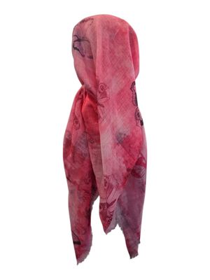 Pink Summer - shaded butterflies - long kerchief back - soft fringes pretied tichel (BBS) w/band sewn in