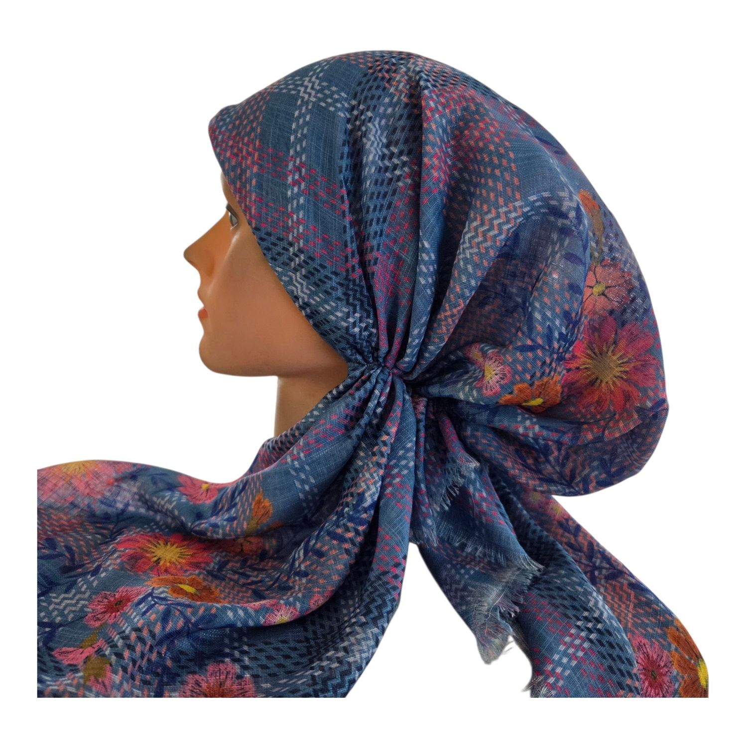 Light denim - colorful - soft fringes pretied tichel