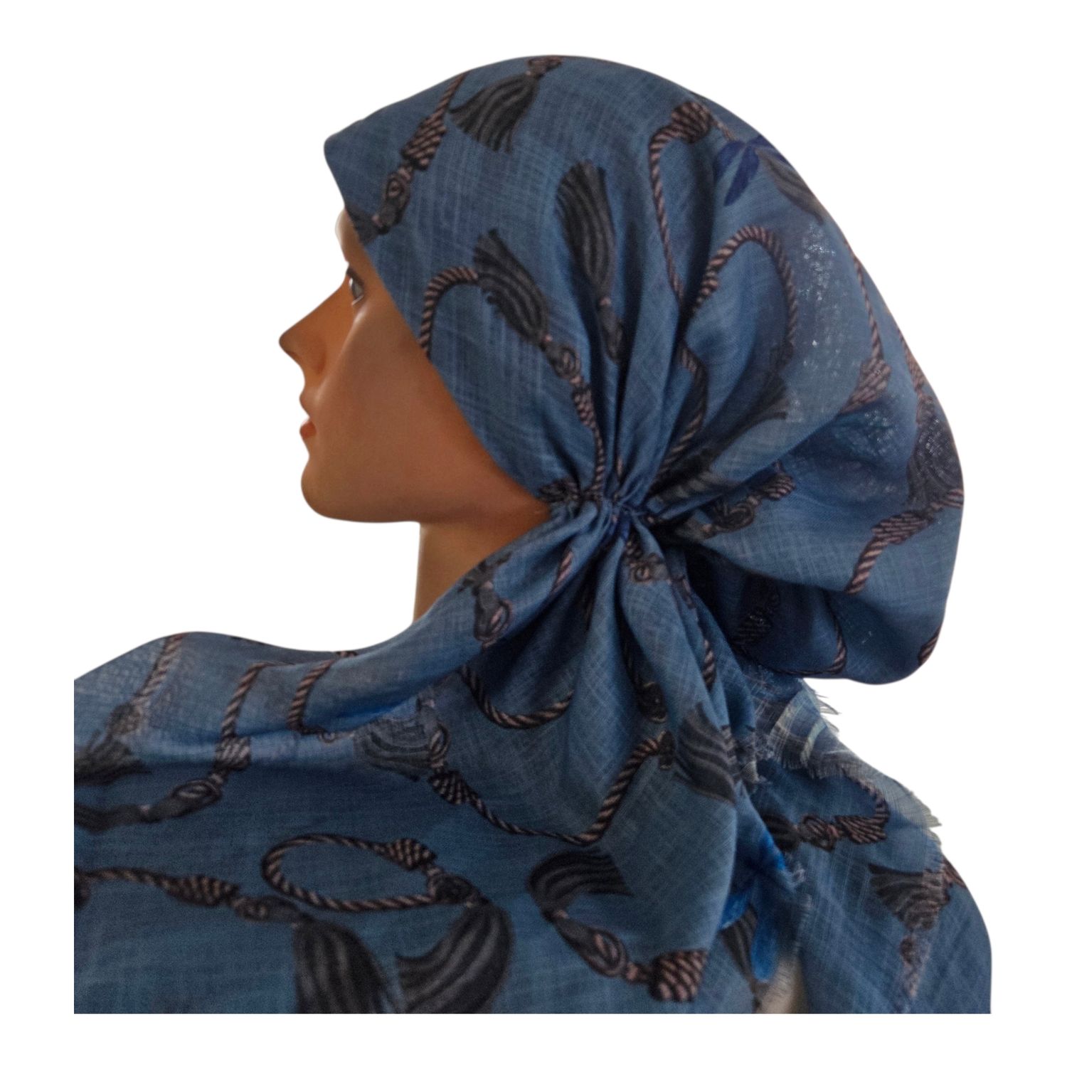 Light denim blue - tassels - soft fringes pretied tichel
