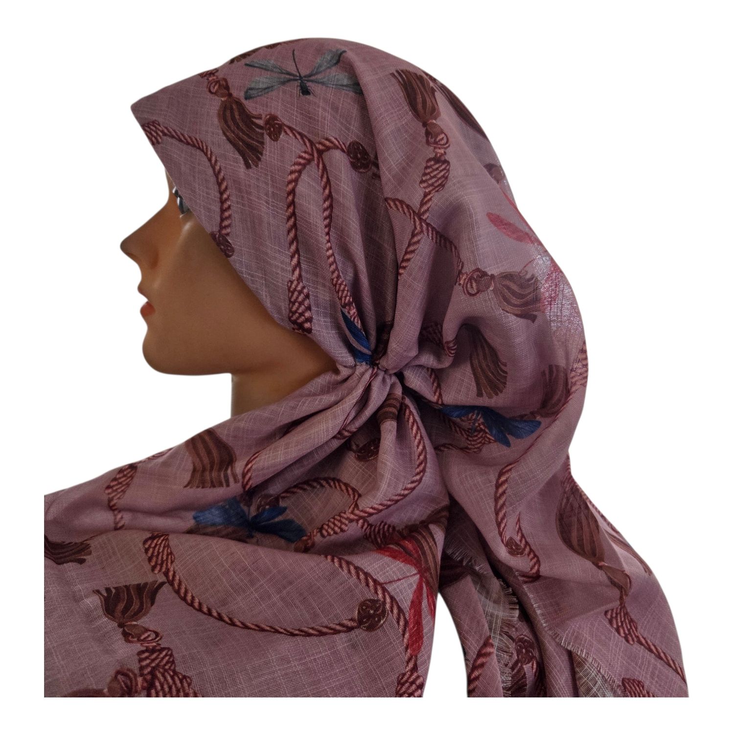 Pink - tassels - long kerchief back - soft fringes pretied tichel (BBS) w/band sewn in