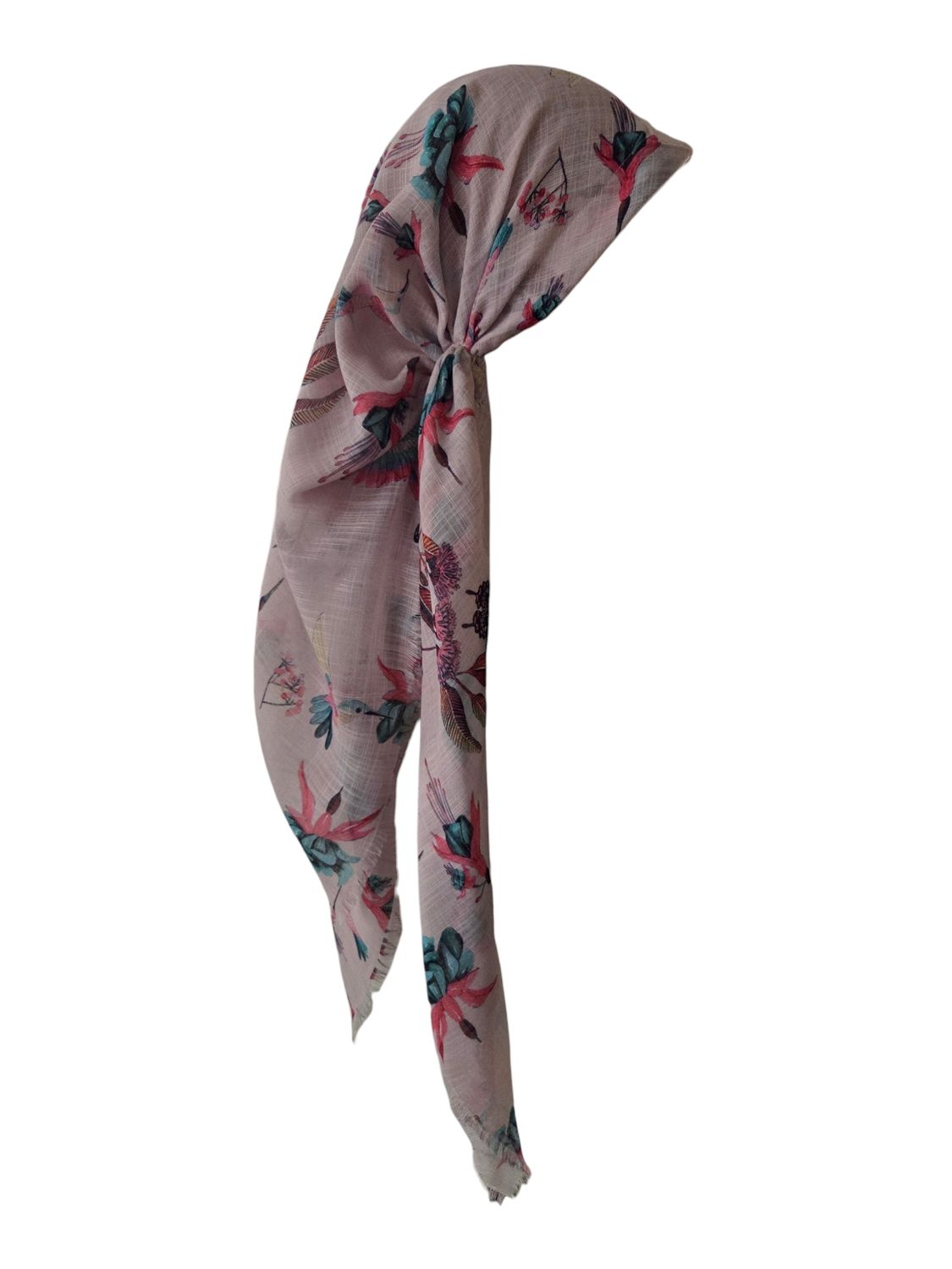 Light beige/denim birds - long kerchief back - soft fringes pretied tichel (BBS) w/band sewn in