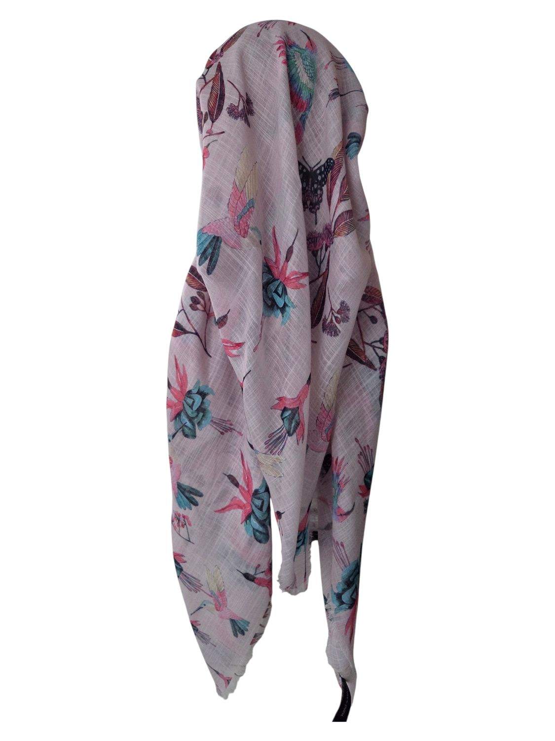 Light beige/denim birds - long kerchief back - soft fringes pretied tichel (BBS) w/band sewn in