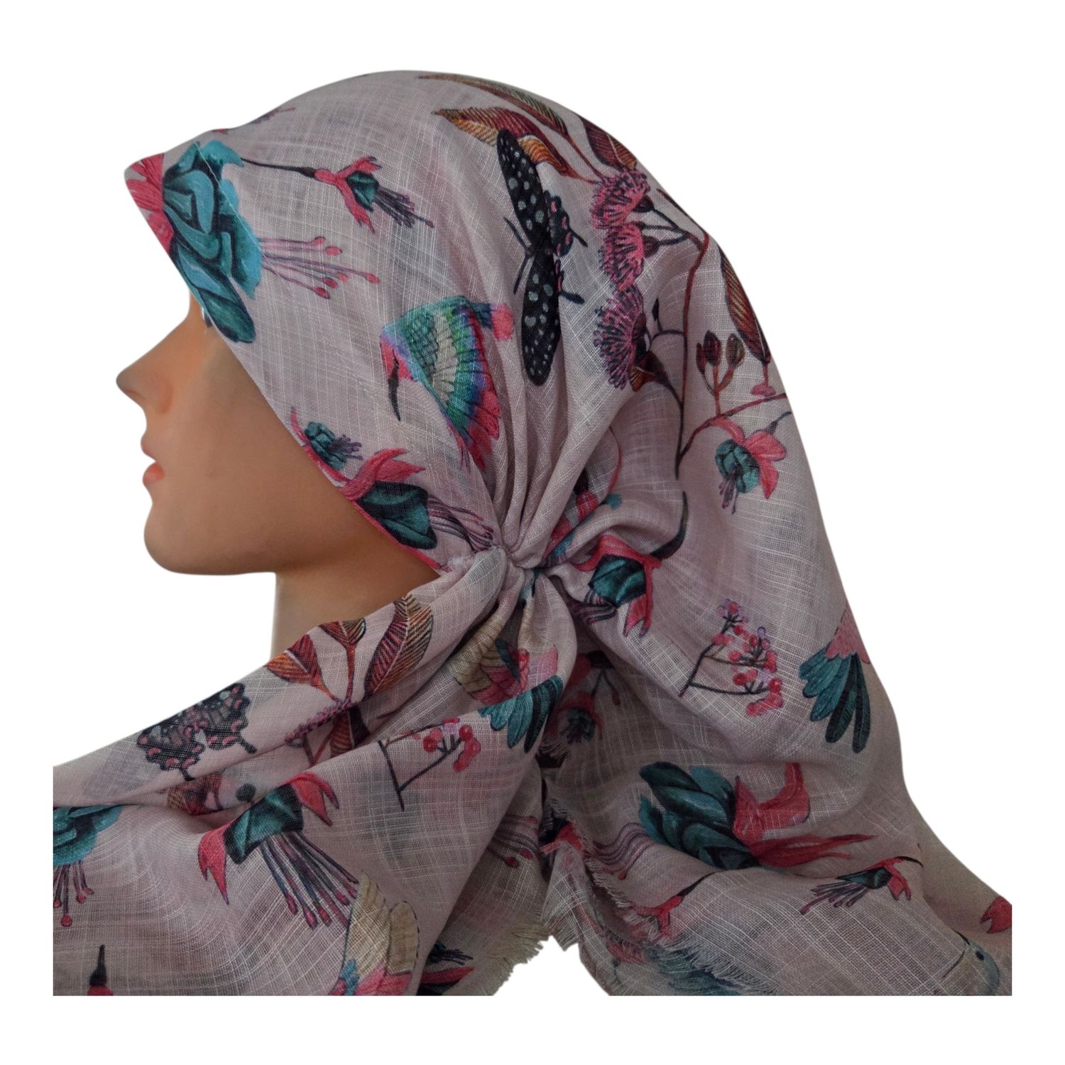 Light beige/denim birds - long kerchief back - soft fringes pretied tichel (BBS) w/band sewn in