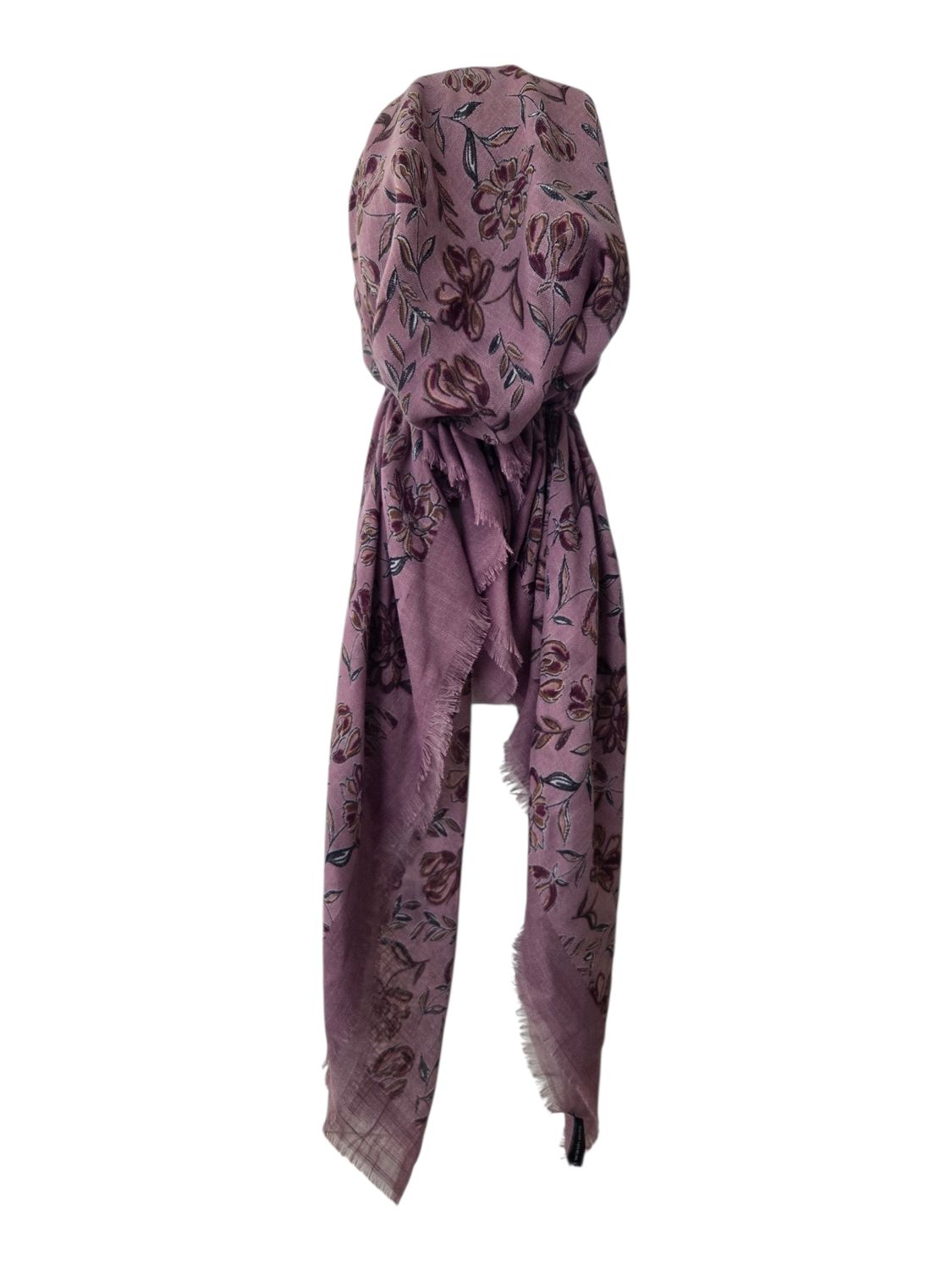 Dusty pink/mauve border Fall flowers - soft fringes pretied tichel