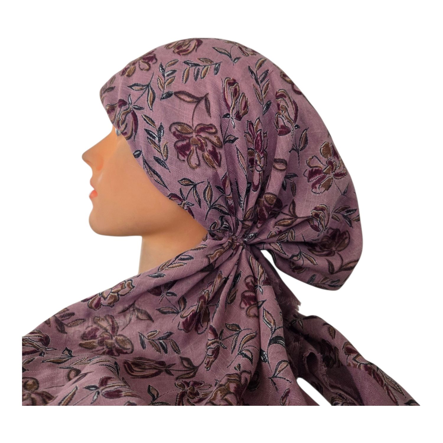 Dusty pink/mauve border Fall flowers - soft fringes pretied tichel