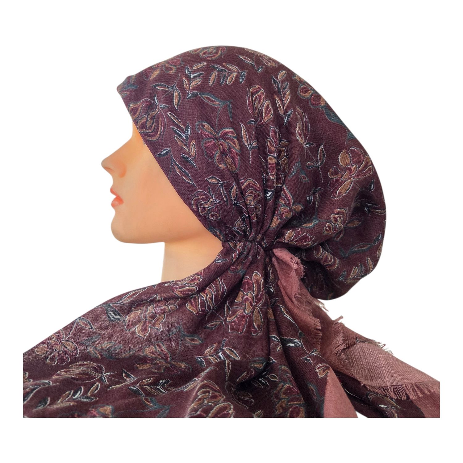 Dusty berry border Fall flowers - soft fringes pretied tichel