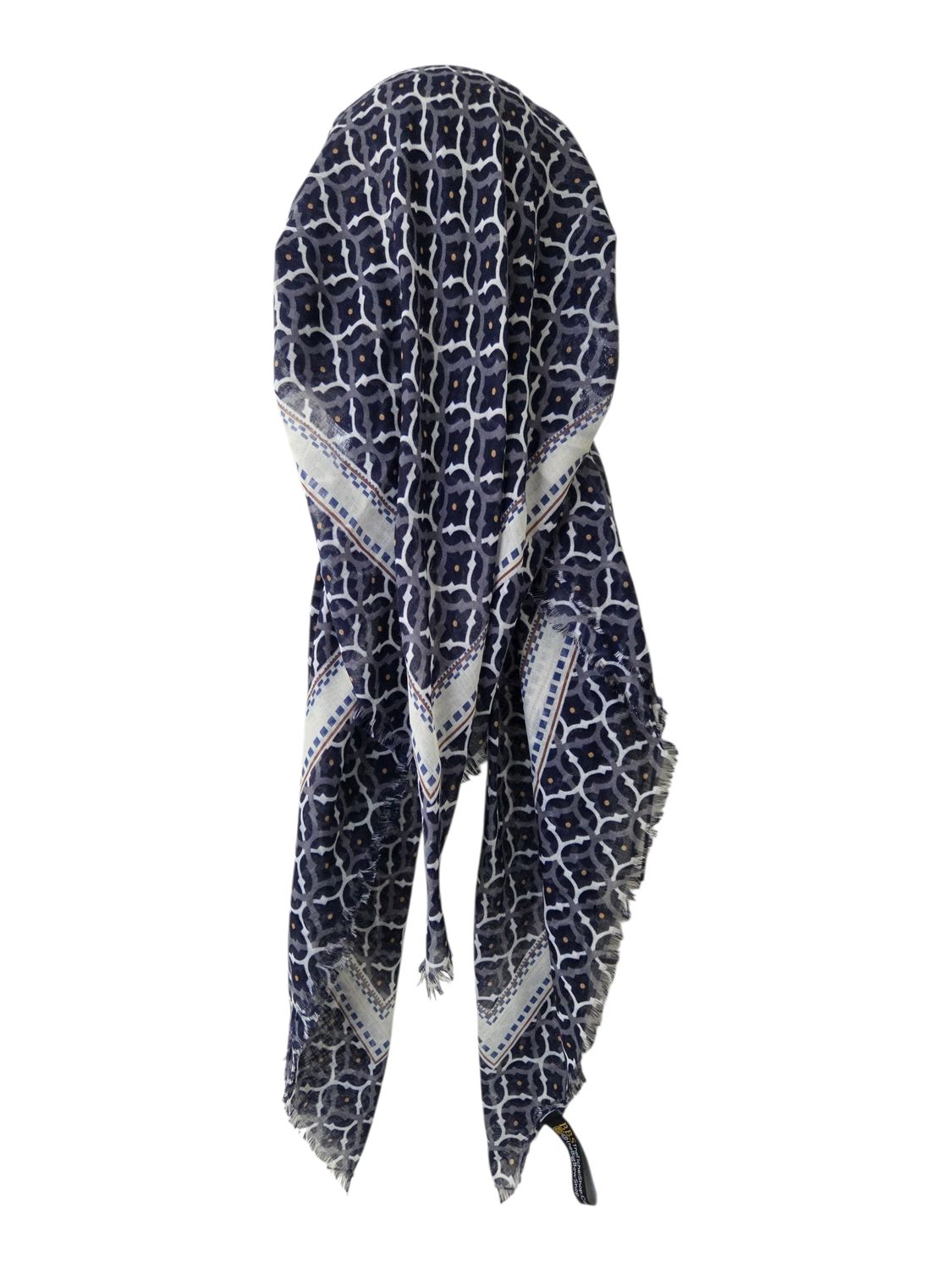 Majestic mosaic - blue/white - long kerchief back - soft fringes pretied tichel (BBS) w/band sewn in