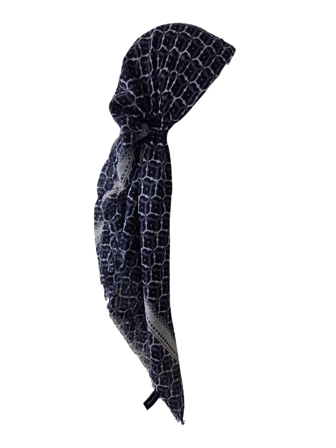 Majestic mosaic - blue/white - long kerchief back - soft fringes pretied tichel (BBS) w/band sewn in