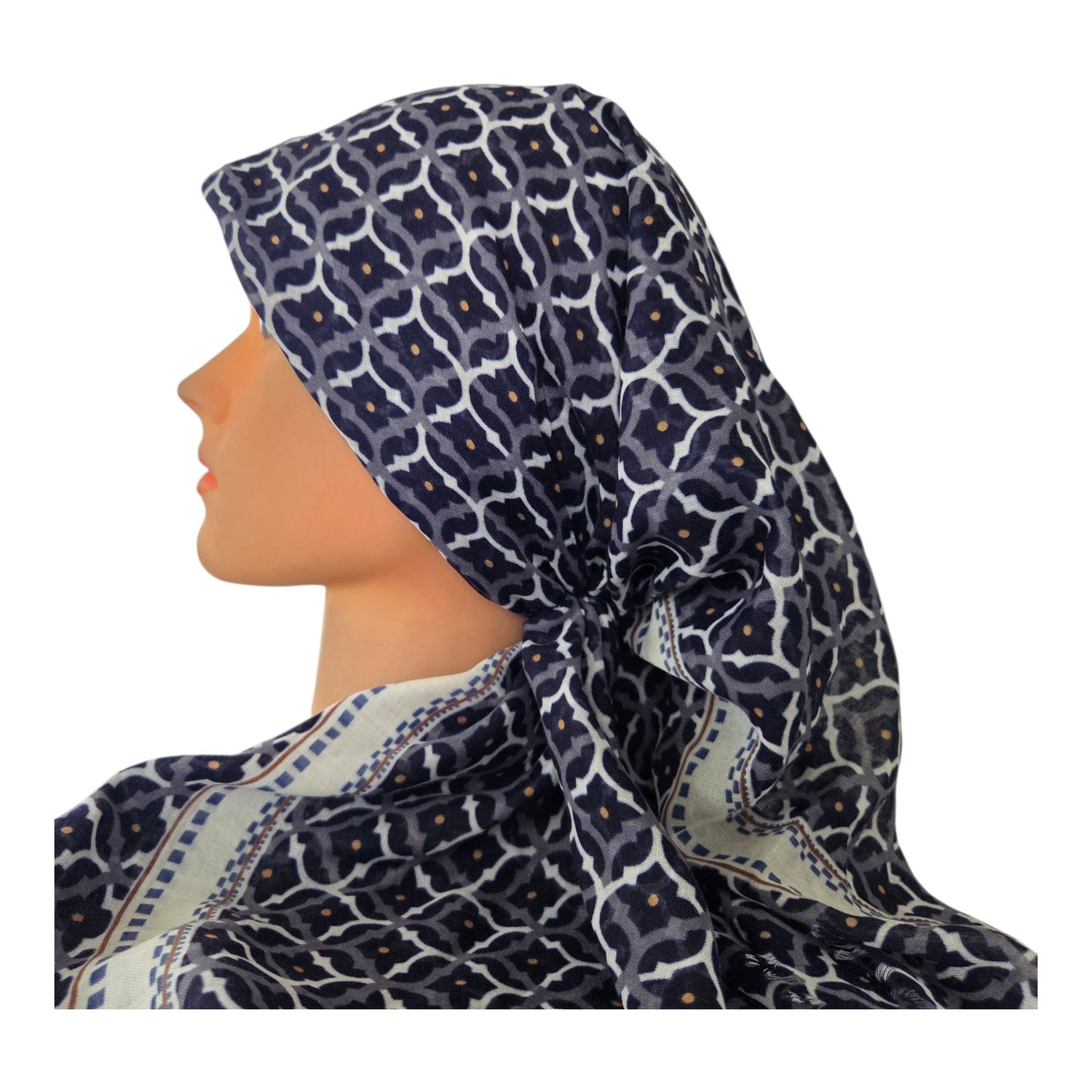 Majestic mosaic - blue/white - long kerchief back - soft fringes pretied tichel (BBS) w/band sewn in
