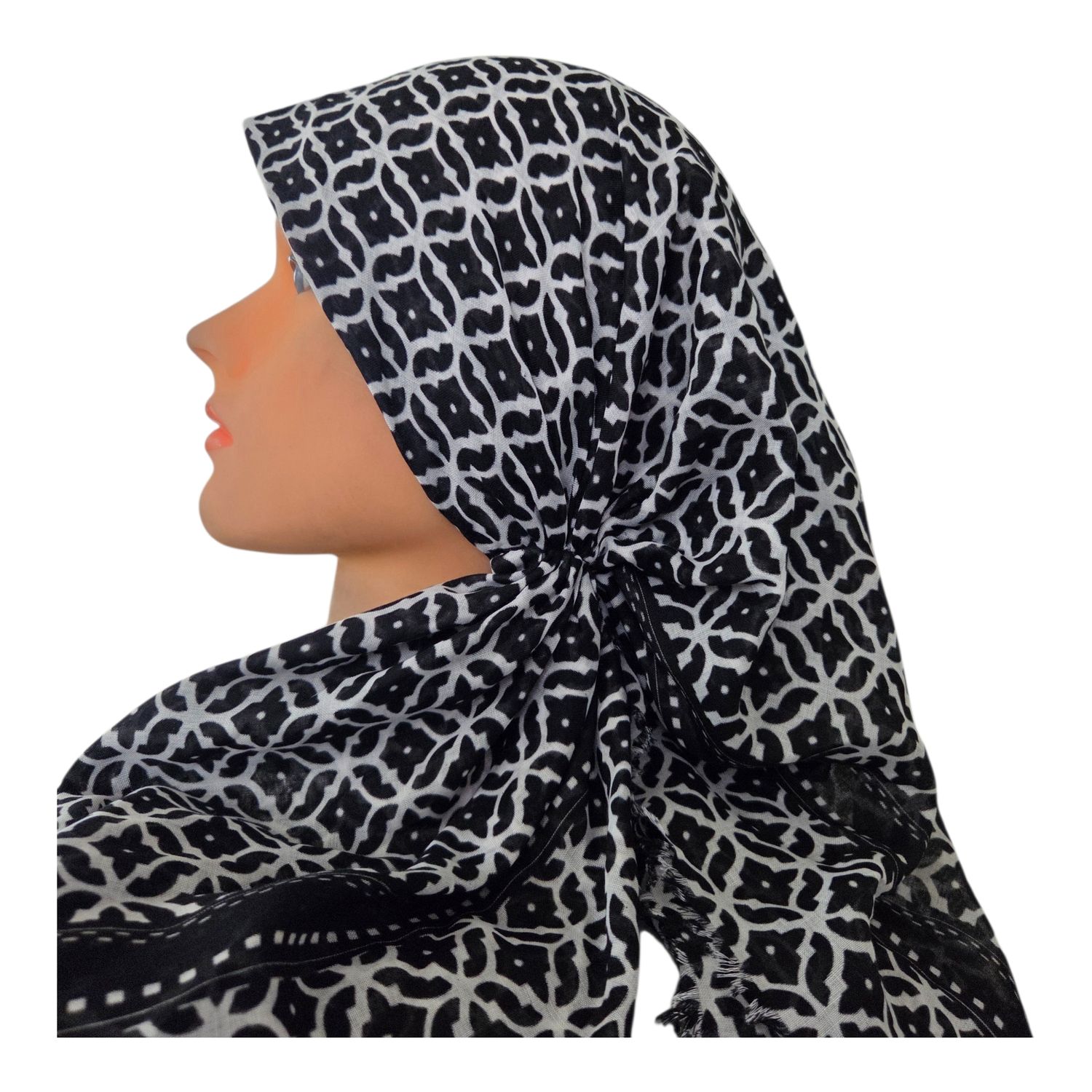 Majestic mosaic - black/white - long kerchief back - soft fringes pretied tichel (BBS) w/band sewn in