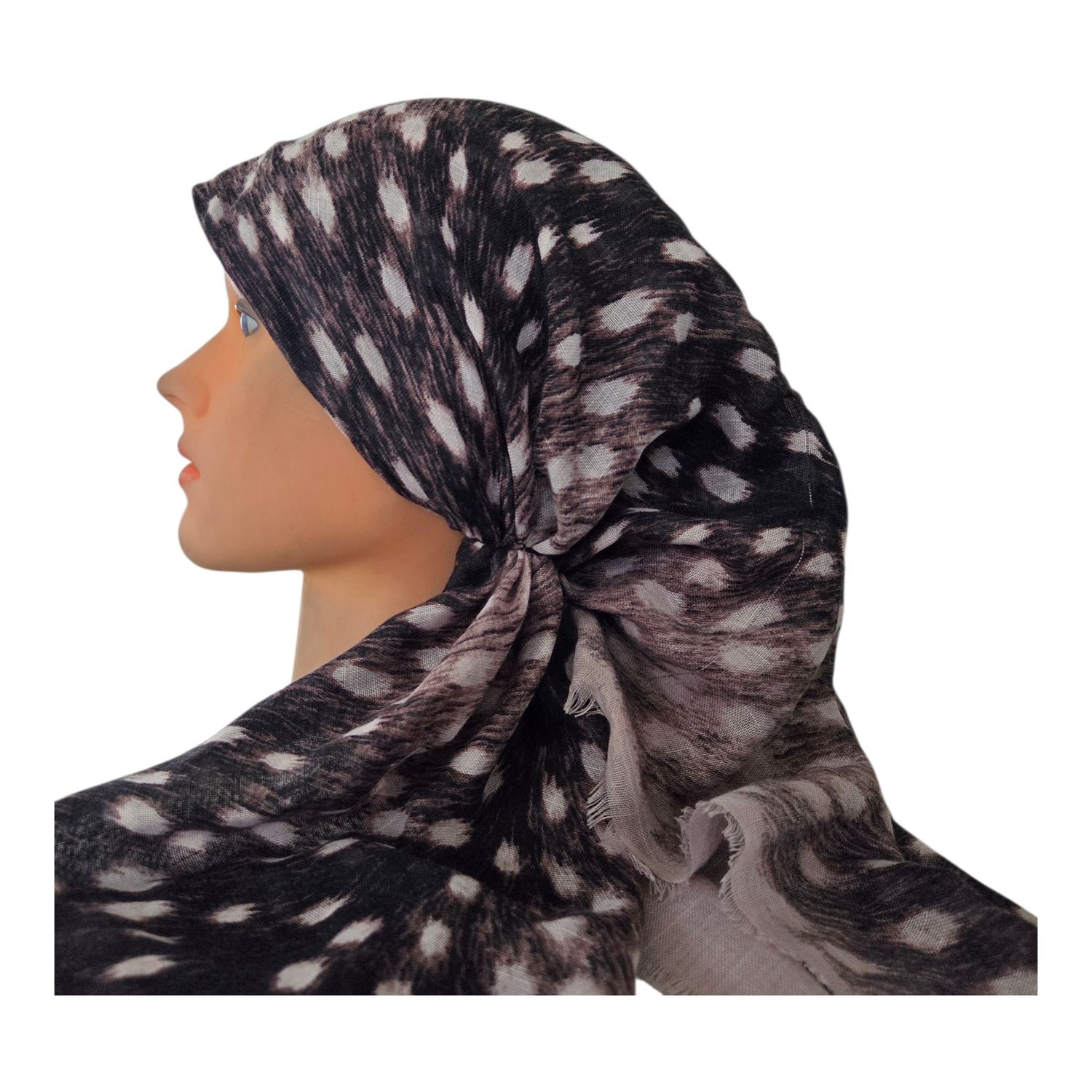 Beige border - tiger patterned - long kerchief back - soft fringes pretied tichel (BBS) w/band sewn in