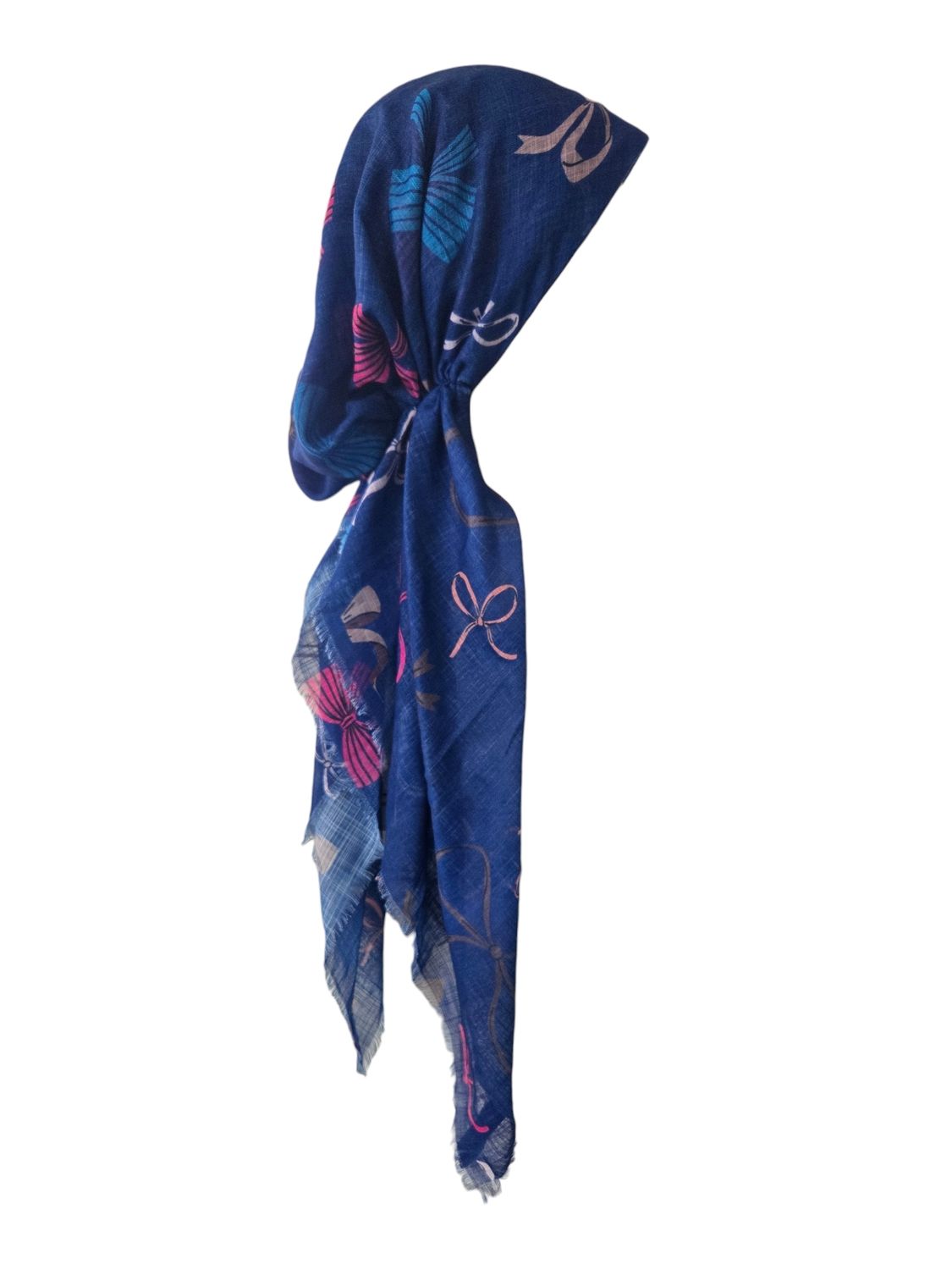 Blue bows patterned - soft fringes pretied tichel