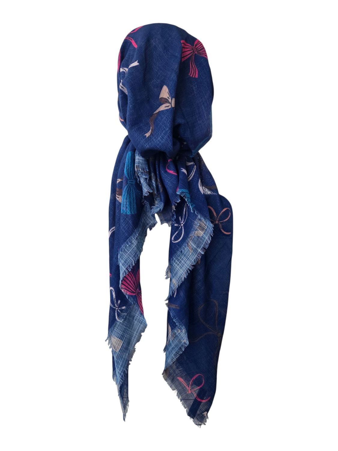 Blue bows patterned - soft fringes pretied tichel