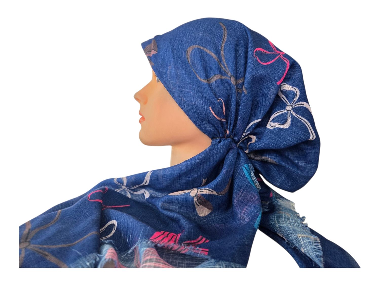 Blue bows patterned - soft fringes pretied tichel