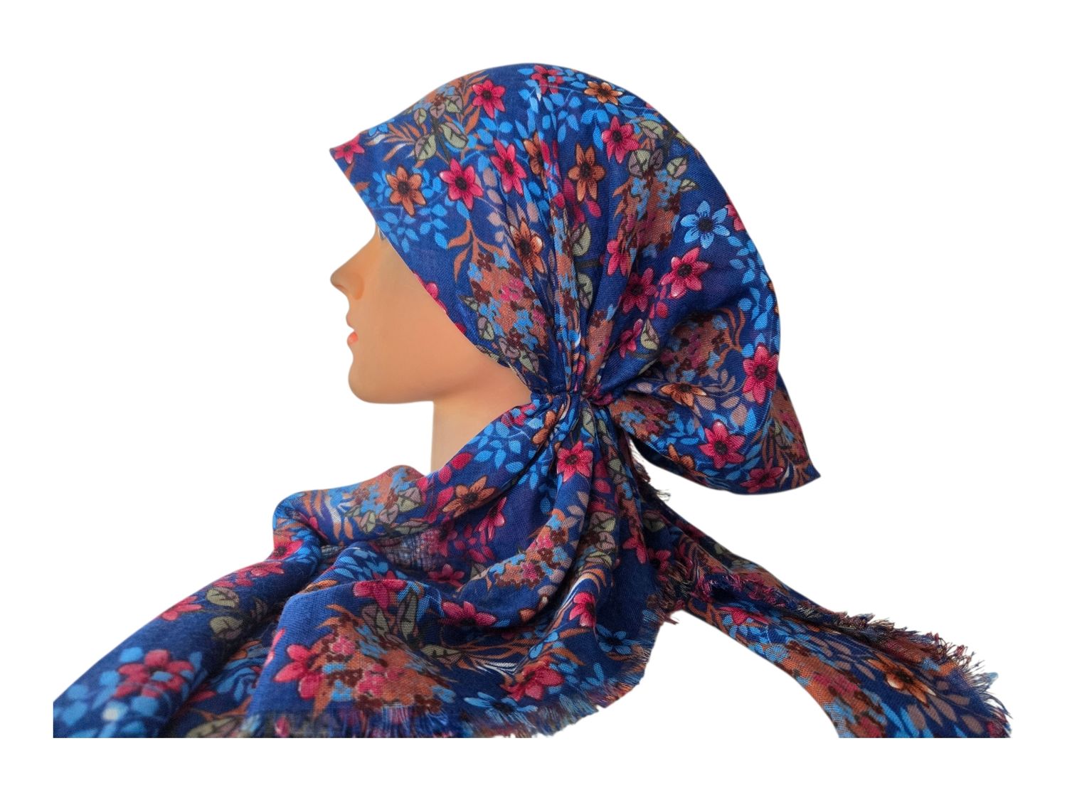 Blue Fall florals - soft fringes pretied tichel