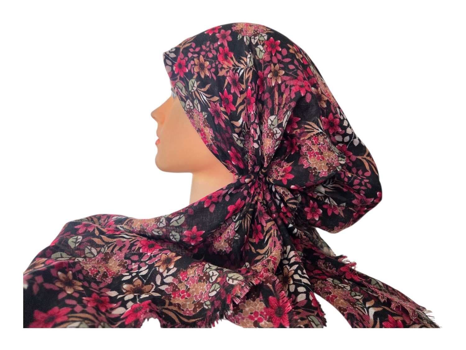 Black Fall florals - soft fringes pretied tichel