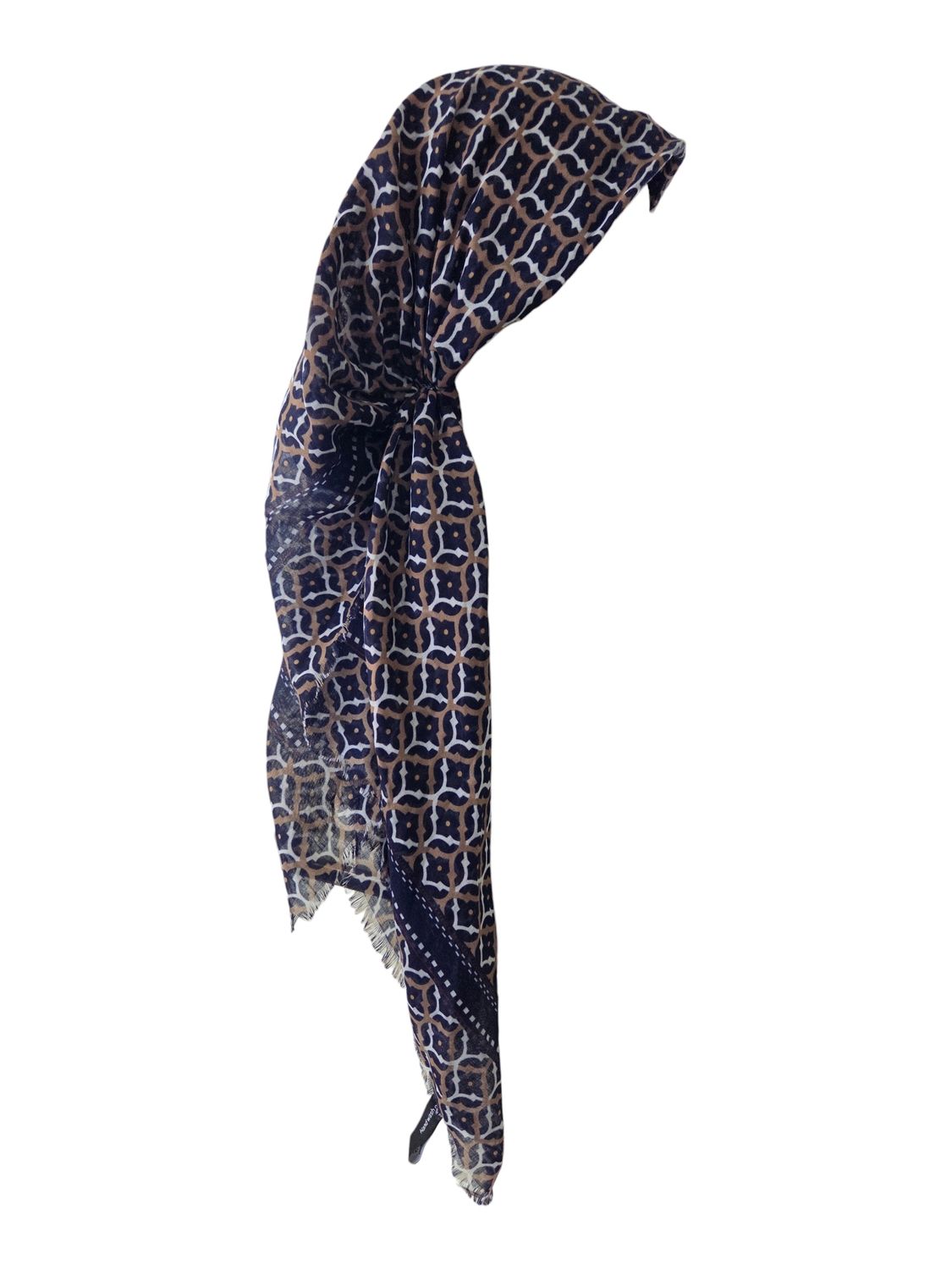 Majestic mosaic - blue/gold - long kerchief back - soft fringes pretied tichel (BBS) w/band sewn in