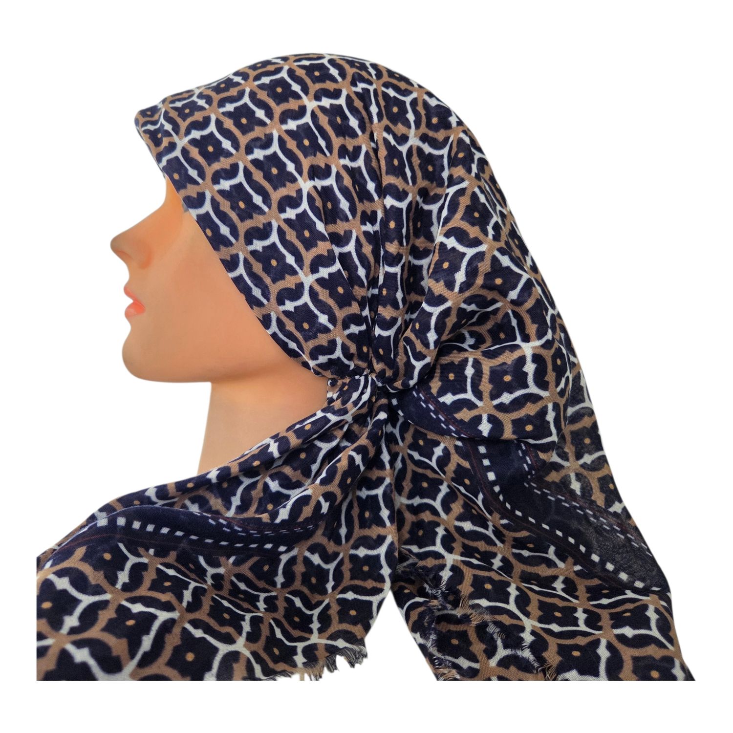 Majestic mosaic - blue/gold - long kerchief back - soft fringes pretied tichel (BBS) w/band sewn in