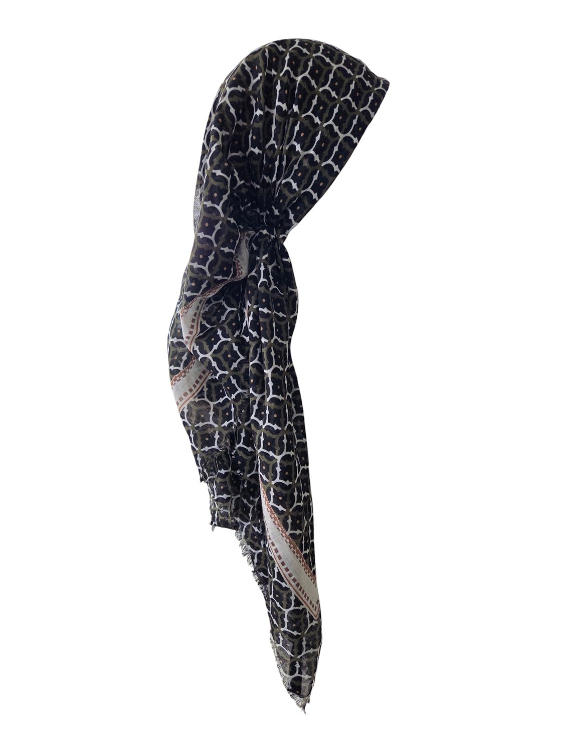 Majestic mosaic - black/green - long kerchief back - soft fringes pretied tichel (BBS) w/band sewn in