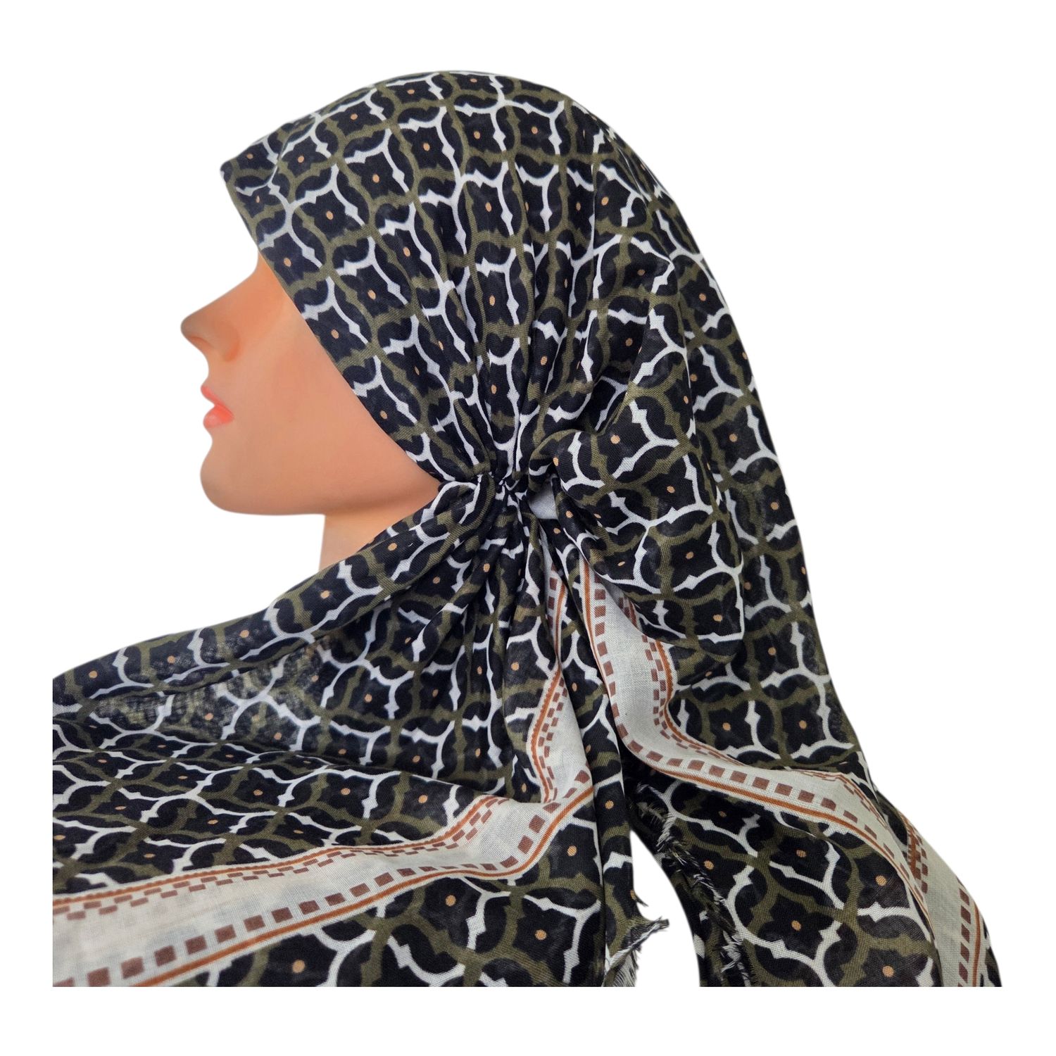 Majestic mosaic - black/green - long kerchief back - soft fringes pretied tichel (BBS) w/band sewn in
