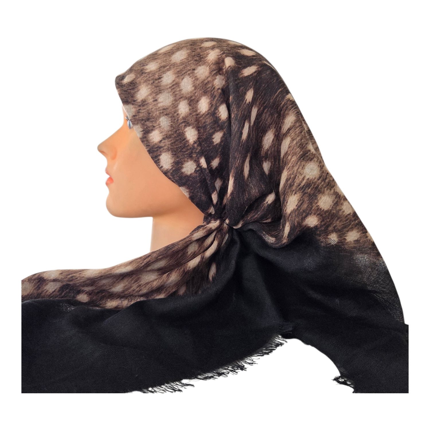 Black border - tiger patterned - long kerchief back - soft fringes pretied tichel (BBS) w/band sewn in