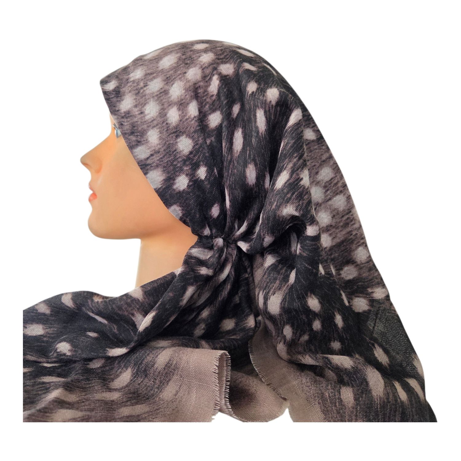 Light mocha/berry border - tiger patterned - long kerchief back - soft fringes pretied tichel (BBS) w/band sewn in