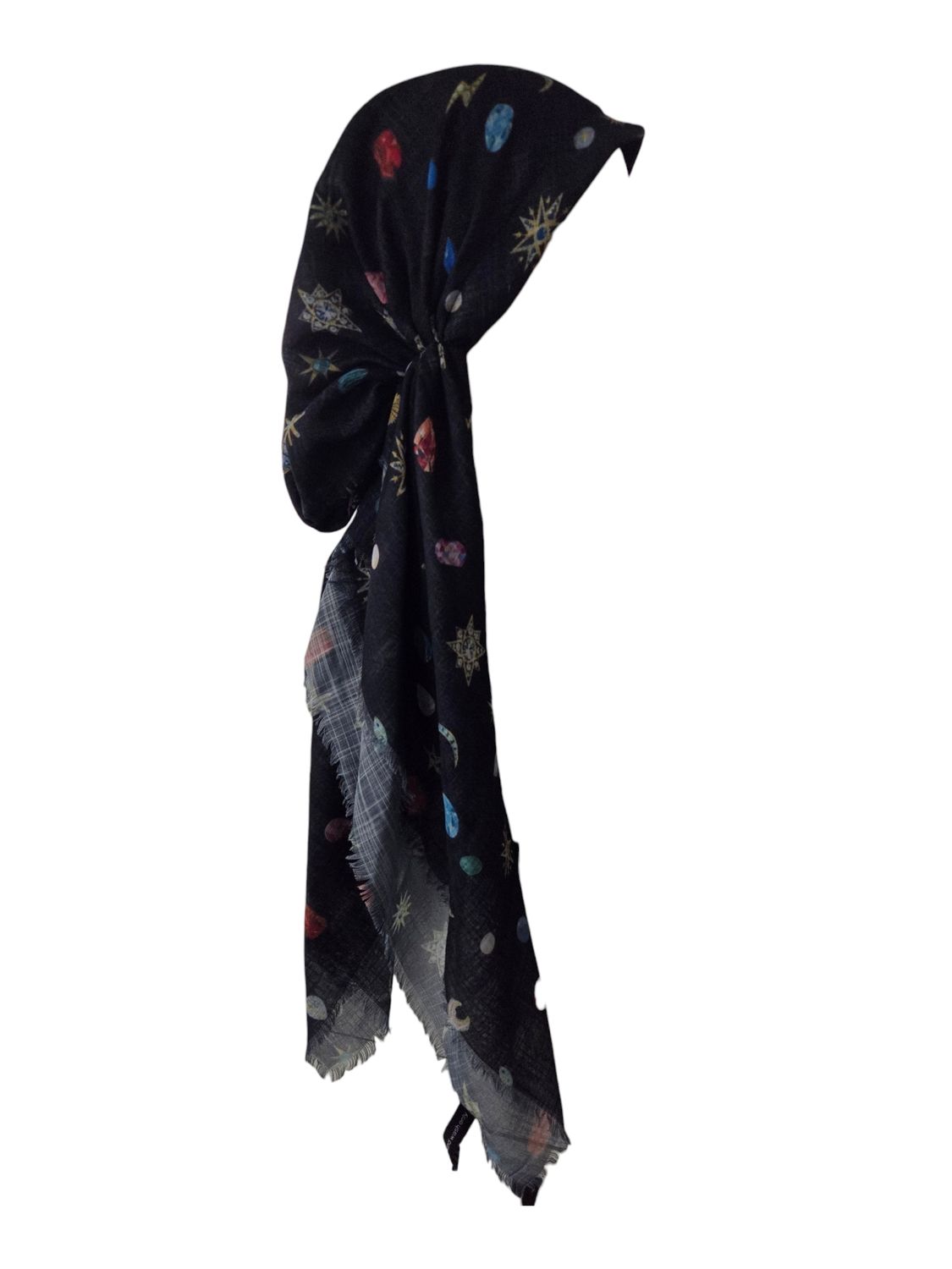 Black Cosmic pattern - soft fringes pretied tichel