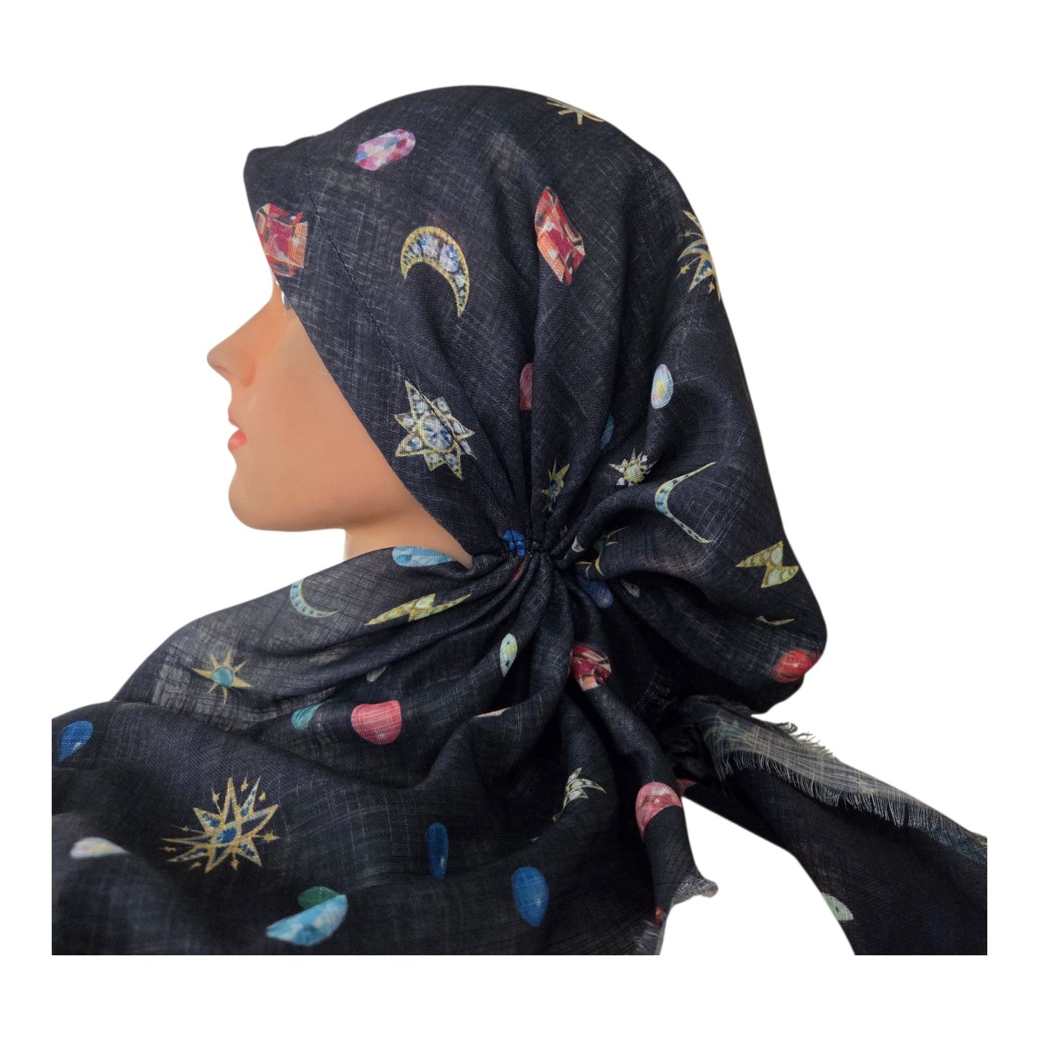 Black Cosmic pattern - soft fringes pretied tichel