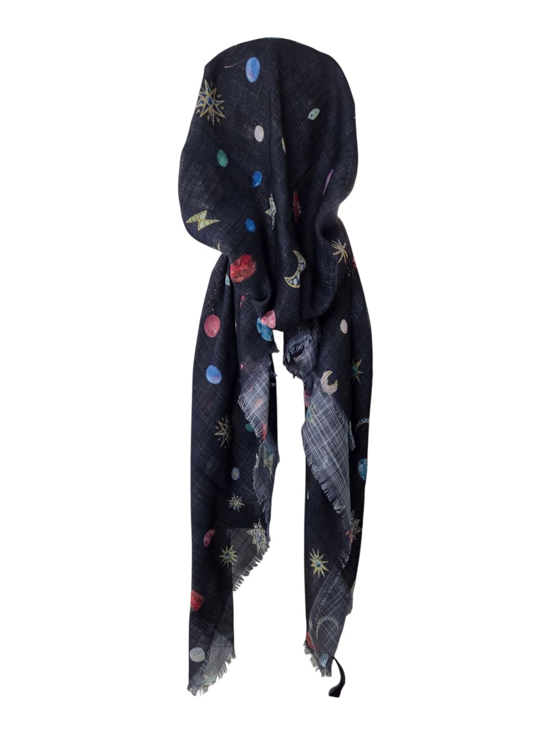 Black Cosmic pattern - soft fringes pretied tichel
